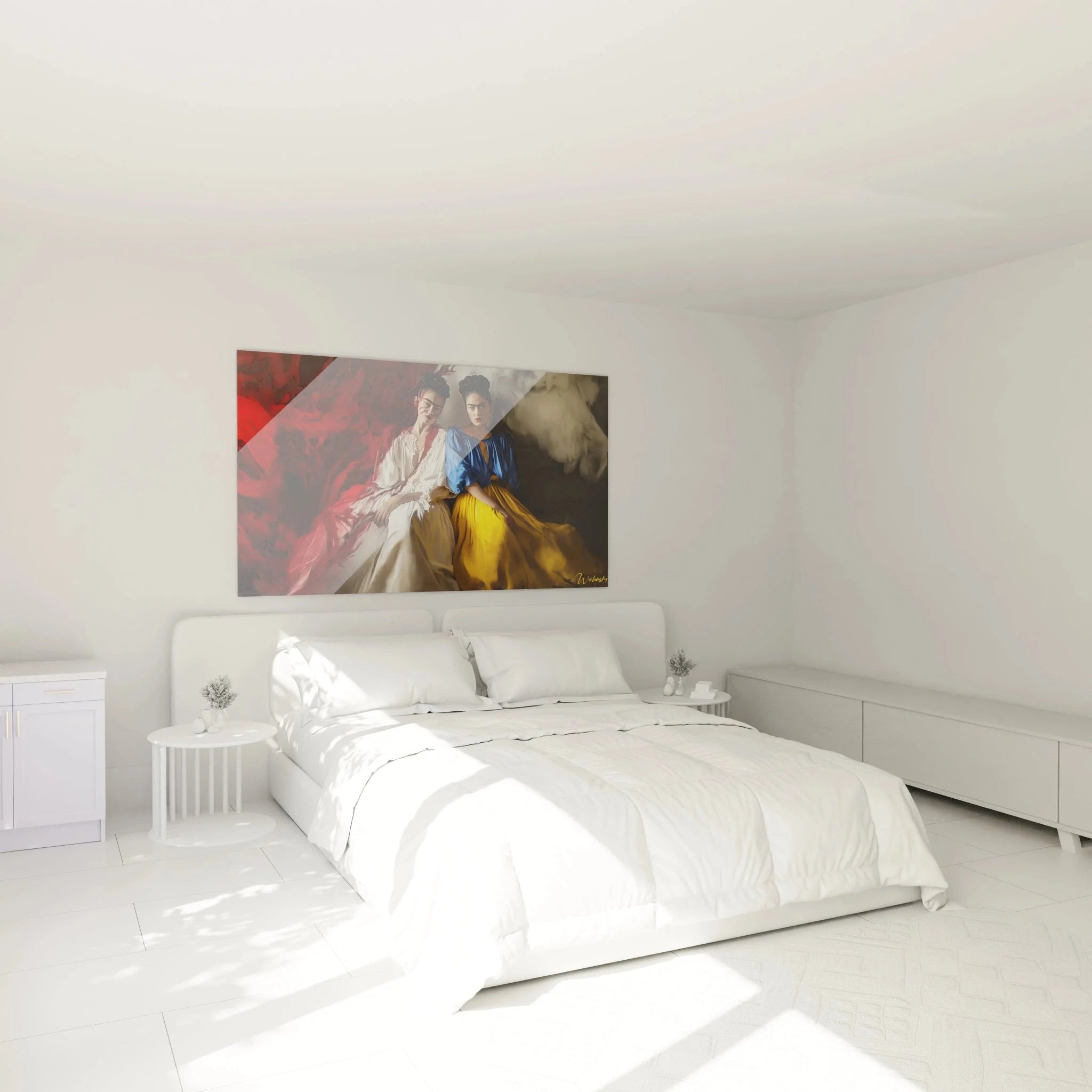 Wandbild Frida Kahlo Doppelgänger in Schlafzimmer Ambiente mit eleganter Wanddeko