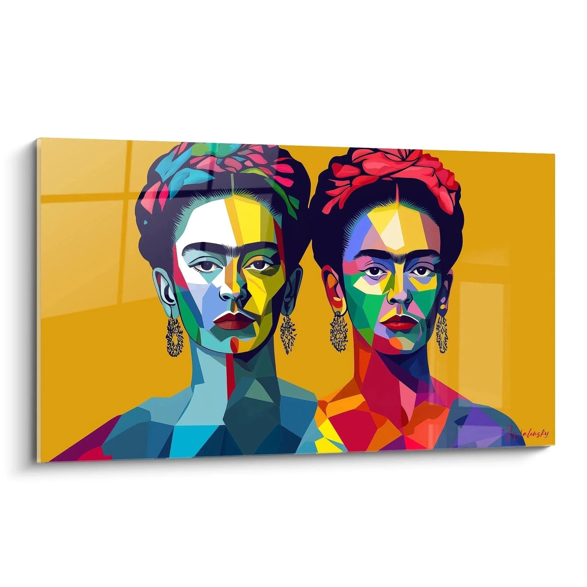 Wandbild Frida Kahlo Doppelporträt Pop Art geometrisch bunt auf gelbem Hintergrund moderne Wandkunst