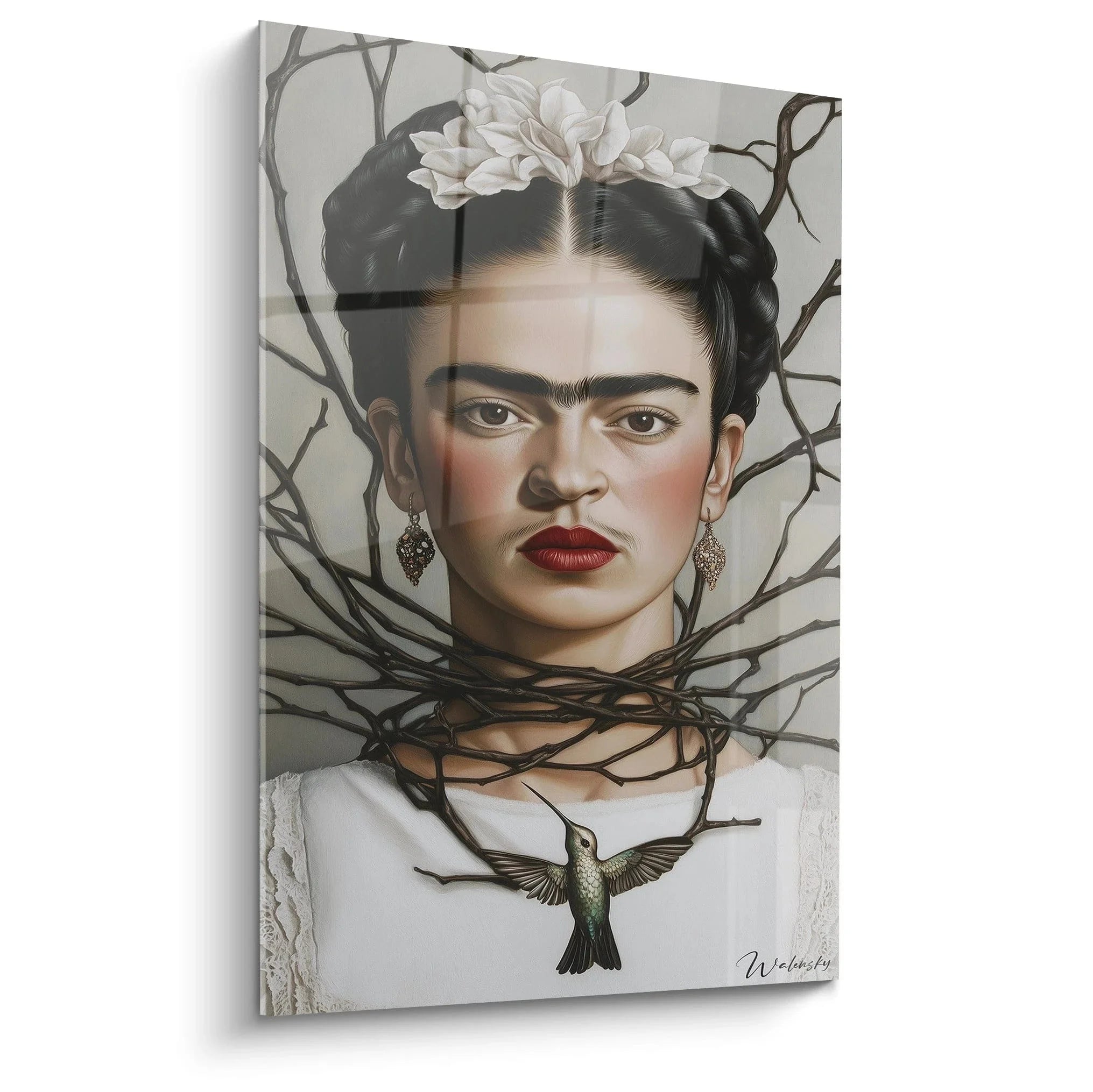 Wandbild Frida Kahlo Portrait mit Kolibri und weißen Blüten, umgeben von Dornenranken