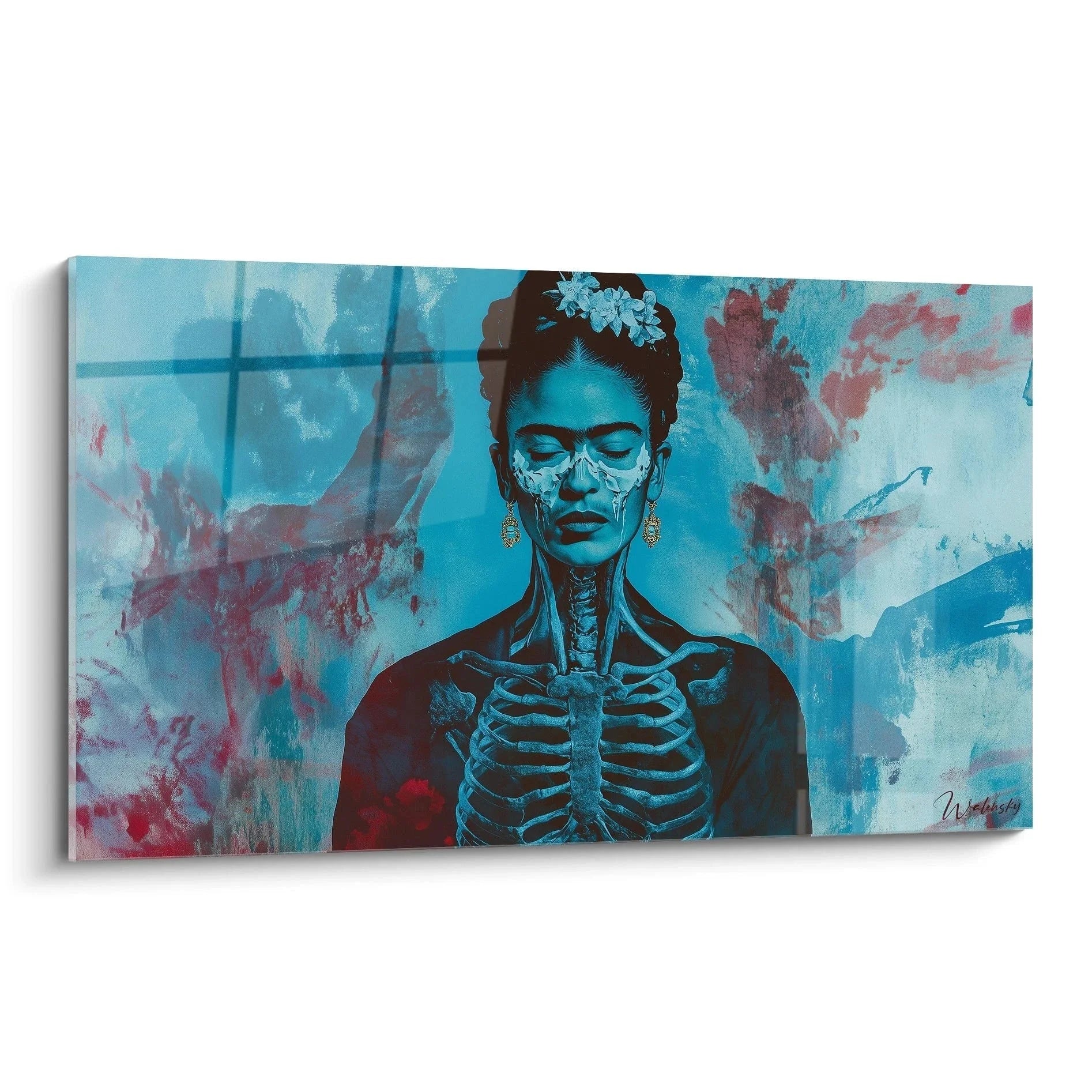 Wandbild Frida Kahlo mit Skelett Anatomie in türkis-rosa Tönen, mystische Kunstreplik Edition