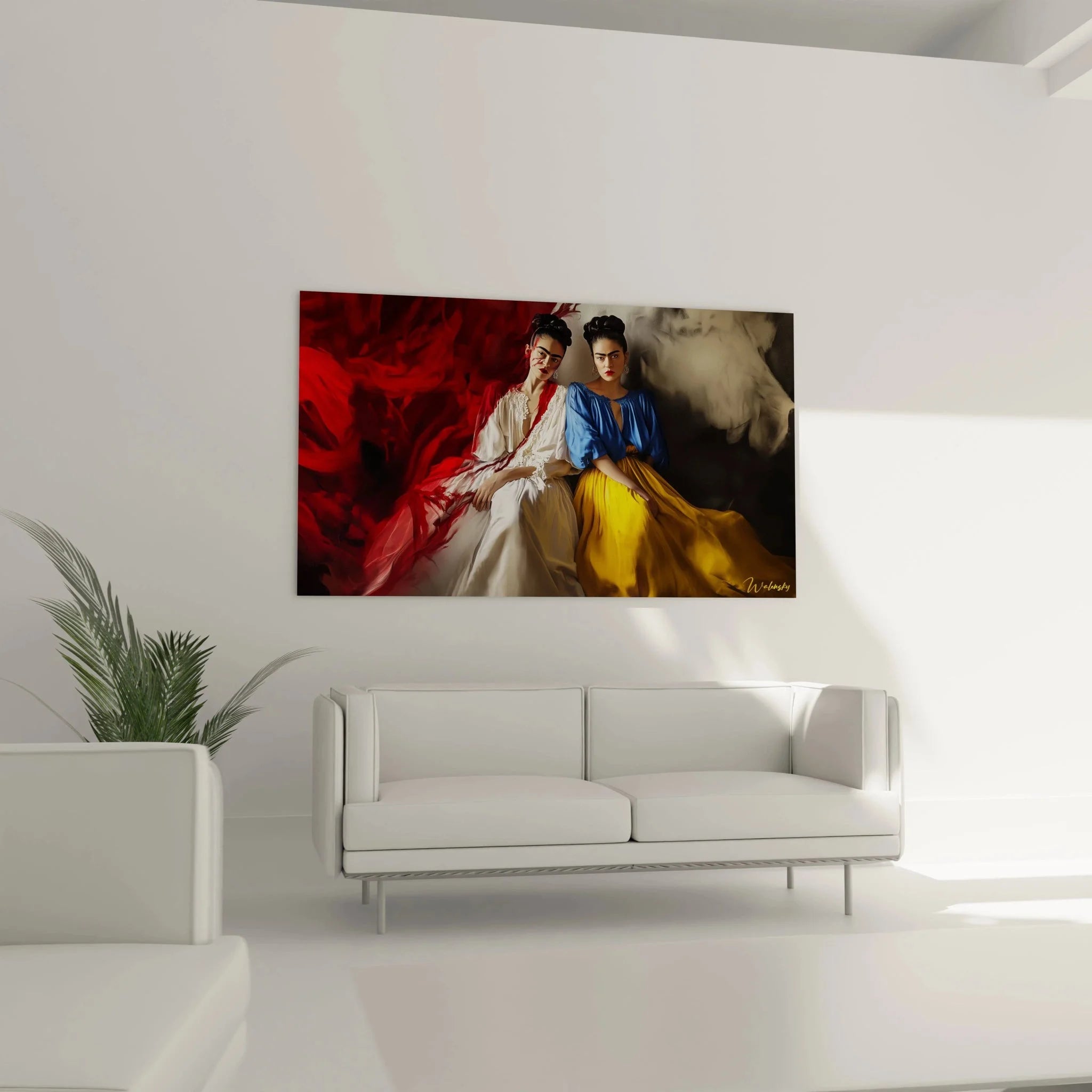 Detailansicht Wandbild zwei Frauen Frida Kahlo Art mit intensiven Farben und symbolischer Darstellung
