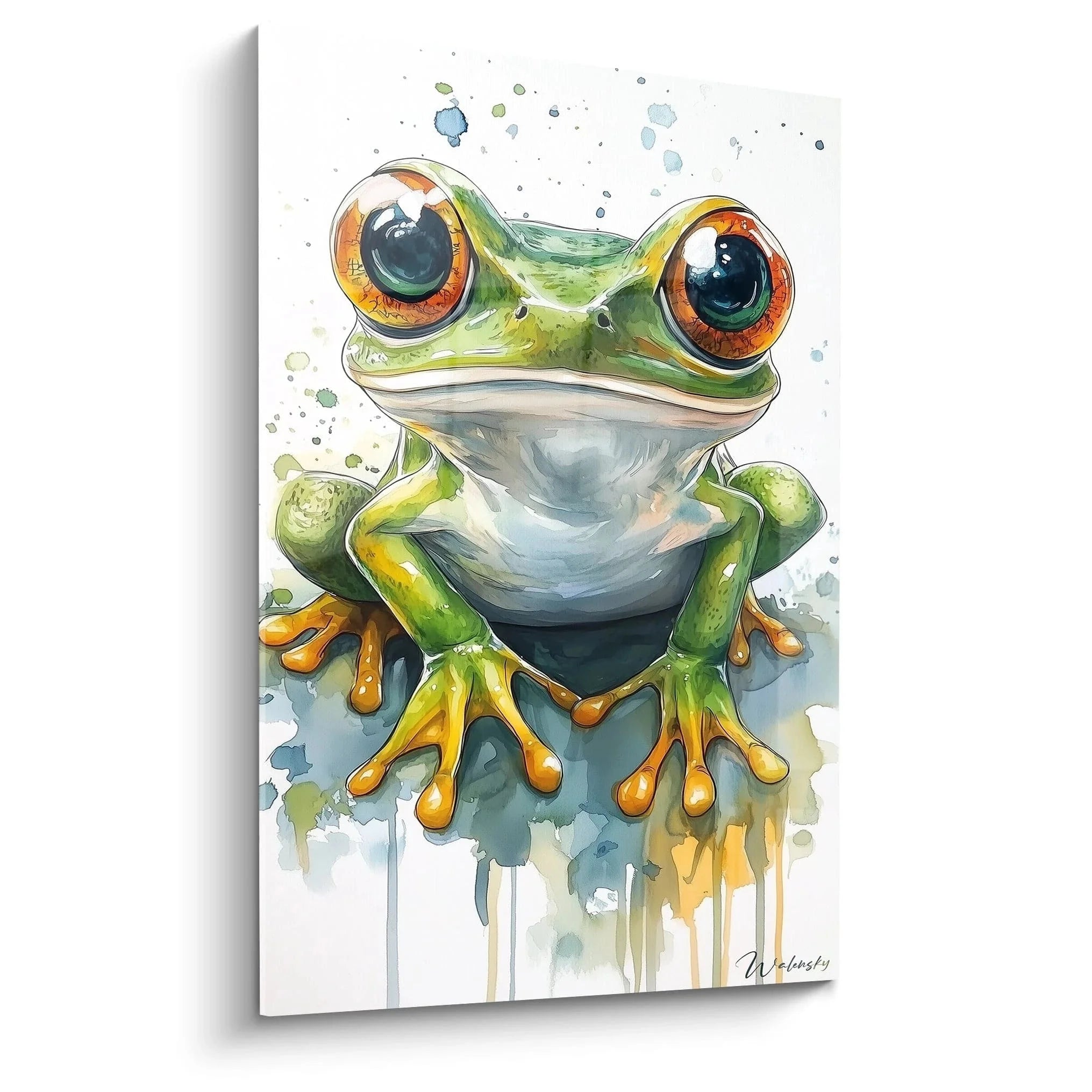 Wandbild Frosch Aquarell - Bunter Laubfrosch mit großen Augen in Grün- und Orangetönen auf weißem Hintergrund