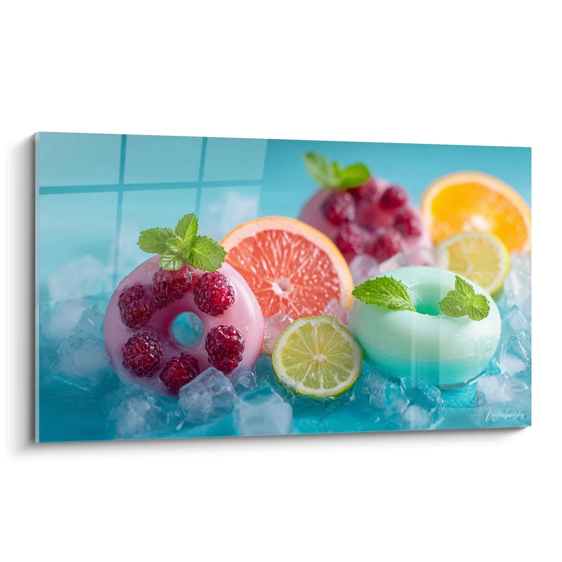 Wandbild bunte Frozen Pops mit Früchten auf Eis - Sommer Küchendekoration XXL