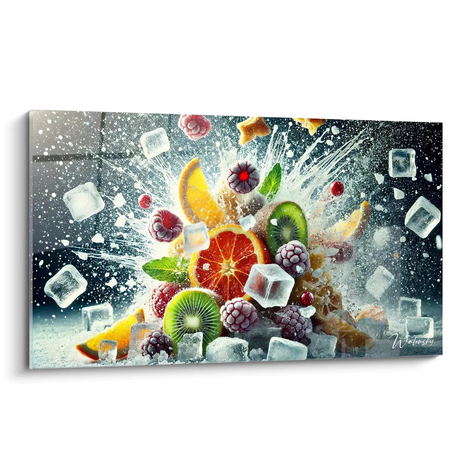 Wandbild Früchte Explosion mit Eiswürfeln und Wassersplash - Cocktail Wandkunst für moderne Küche