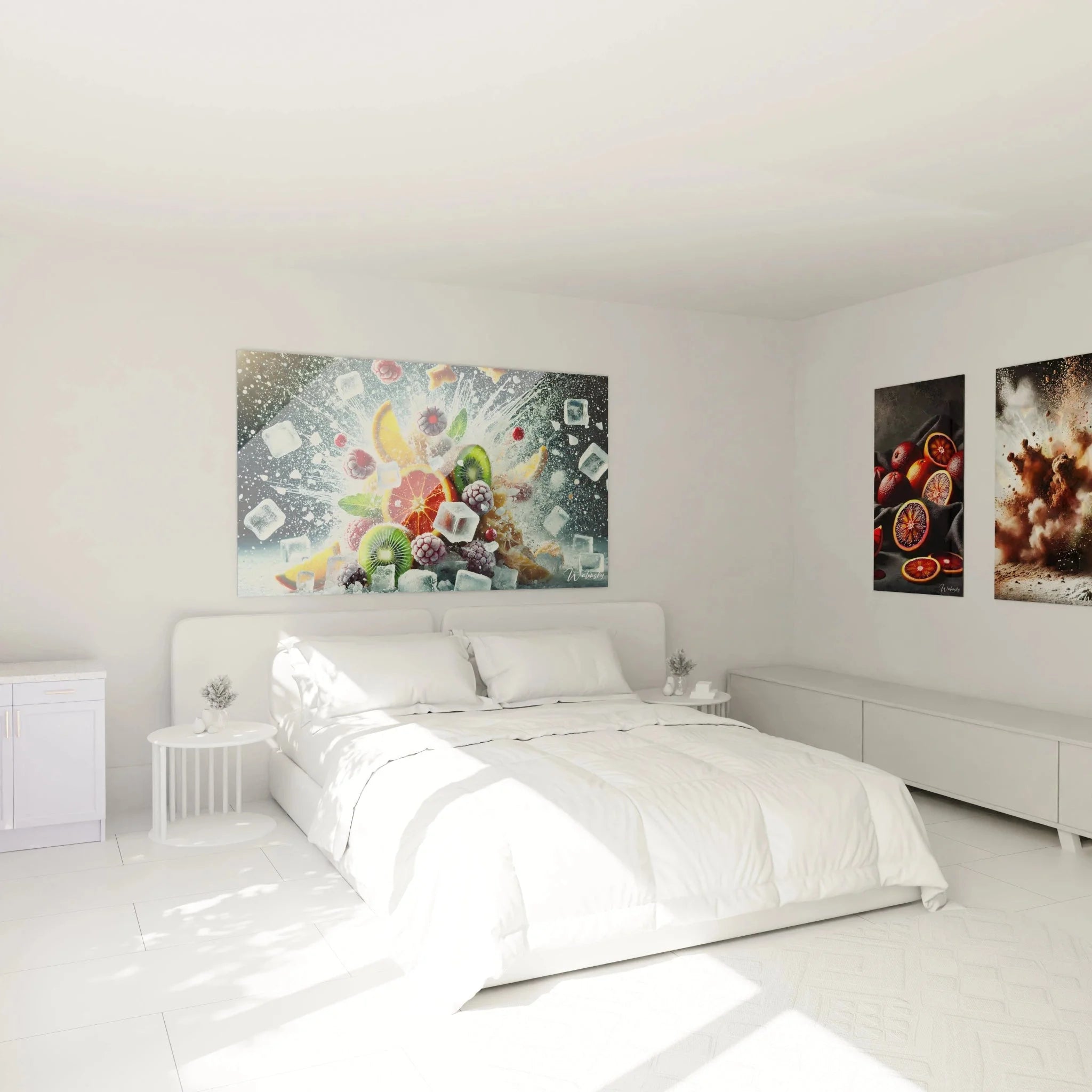 Früchte Wandbild mit Eiswürfel-Explosion in elegantem Schlafzimmer - Premium Leinwanddruck XXL