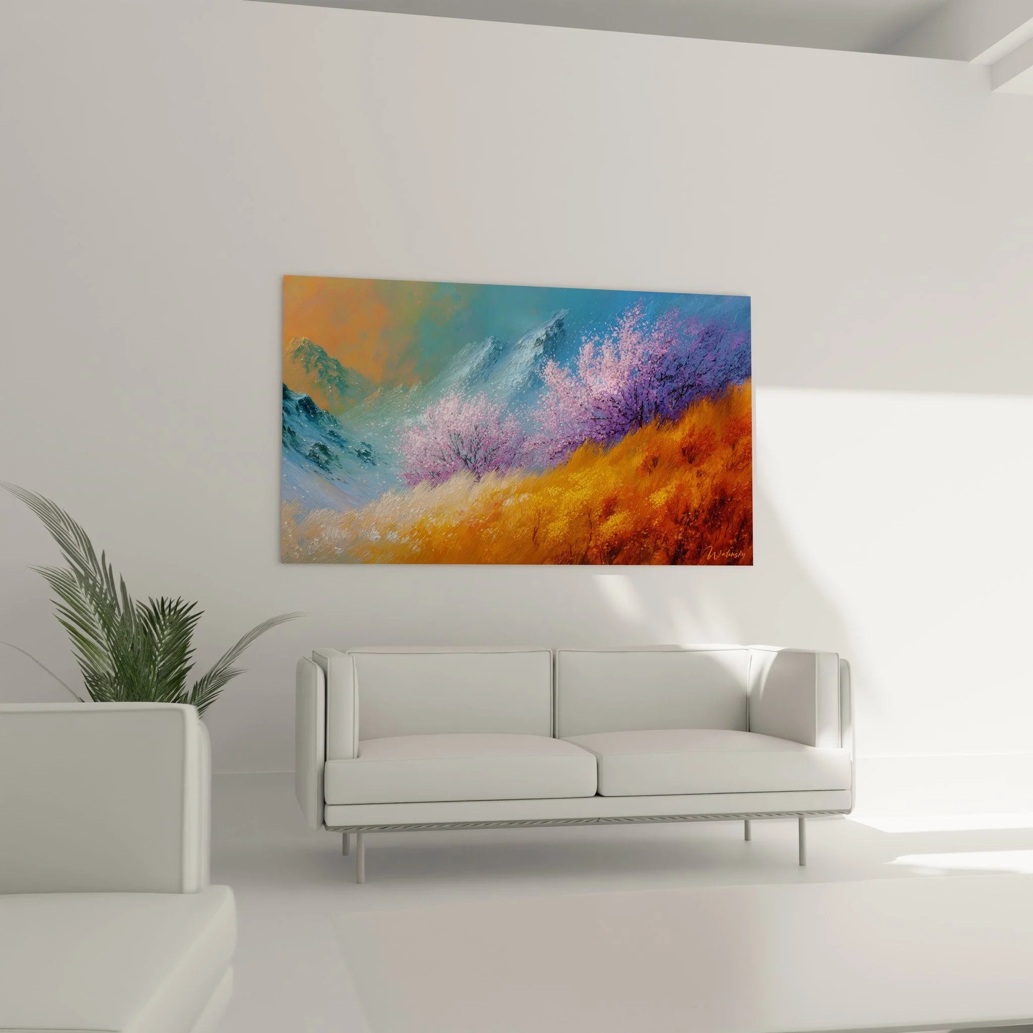 Detailansicht Wandbild Frühlingslandschaft mit expressiver Farbgebung und Pinselführung