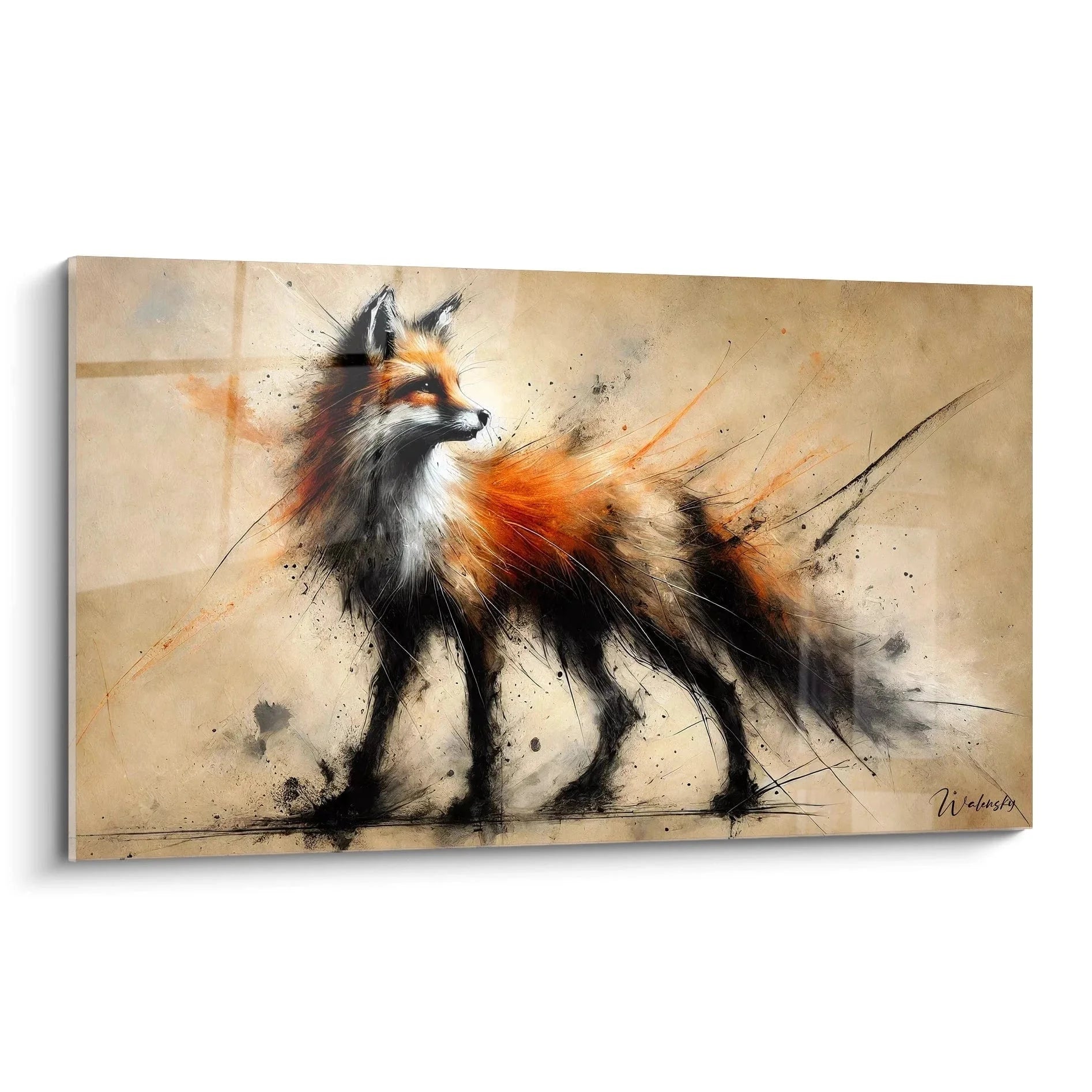 Wandbild Fuchs Aquarell mit dynamischen Pinselstrichen in Orange- und Erdtönen - moderne Tierkunst