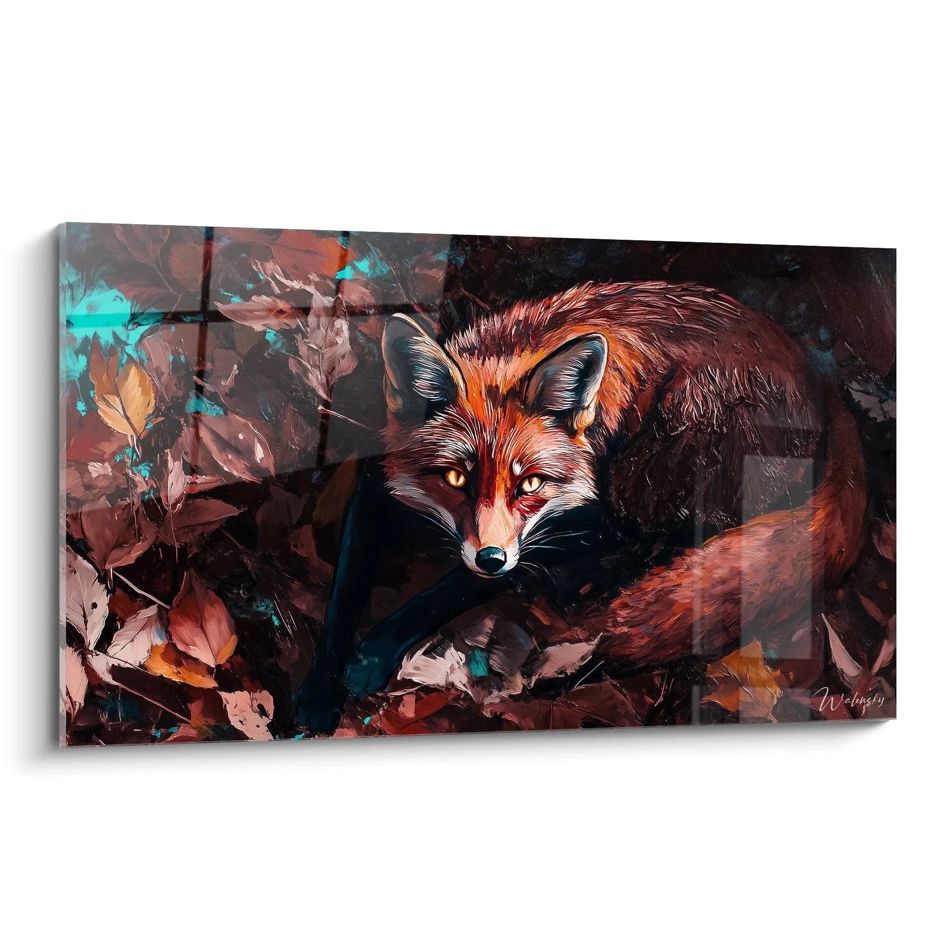 Wandbild Fuchs Herbst - Rotfuchs Kunstdruck mit herbstlichen Blättern in Rottönen für Wanddekoration