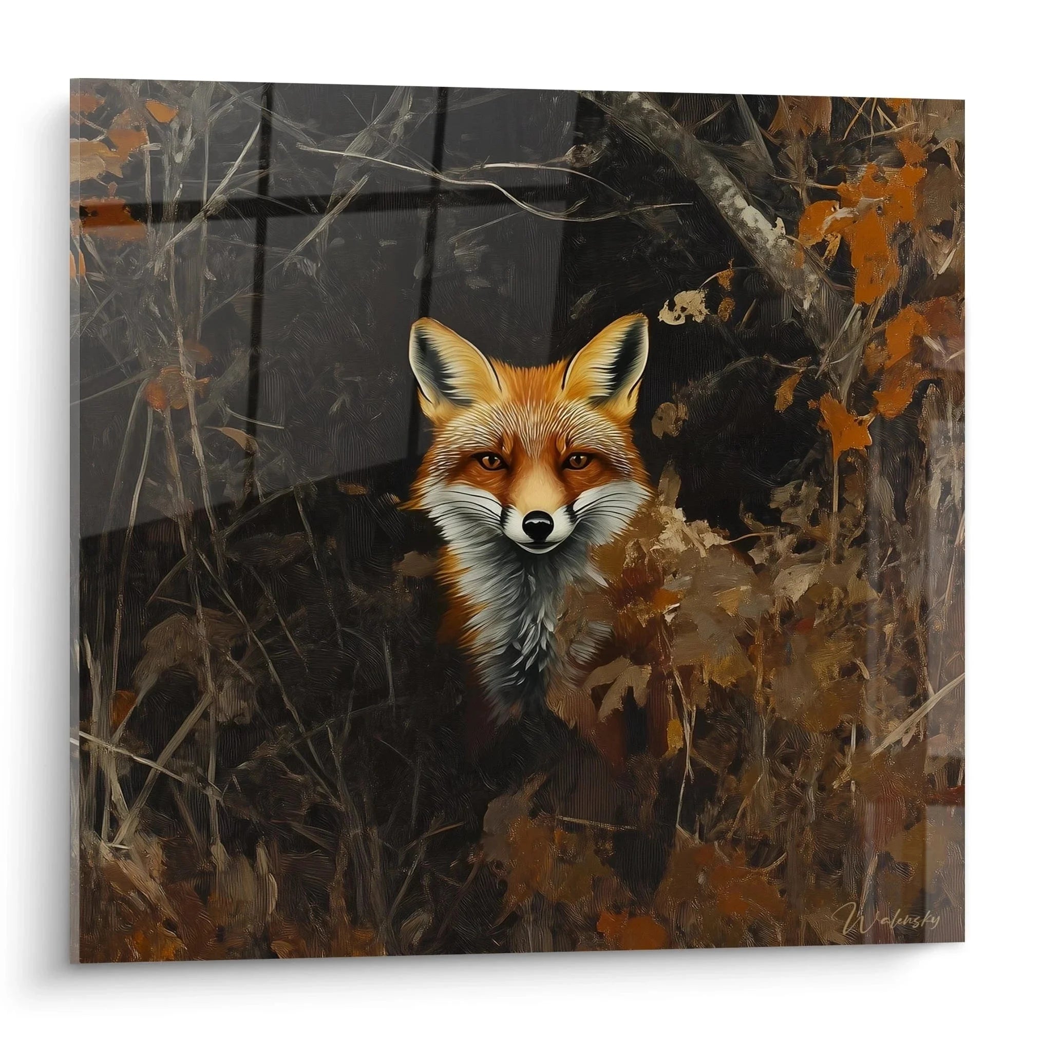 Wandbild Fuchs im herbstlichen Wald mit warmem Licht und natürlicher Waldatmosphäre