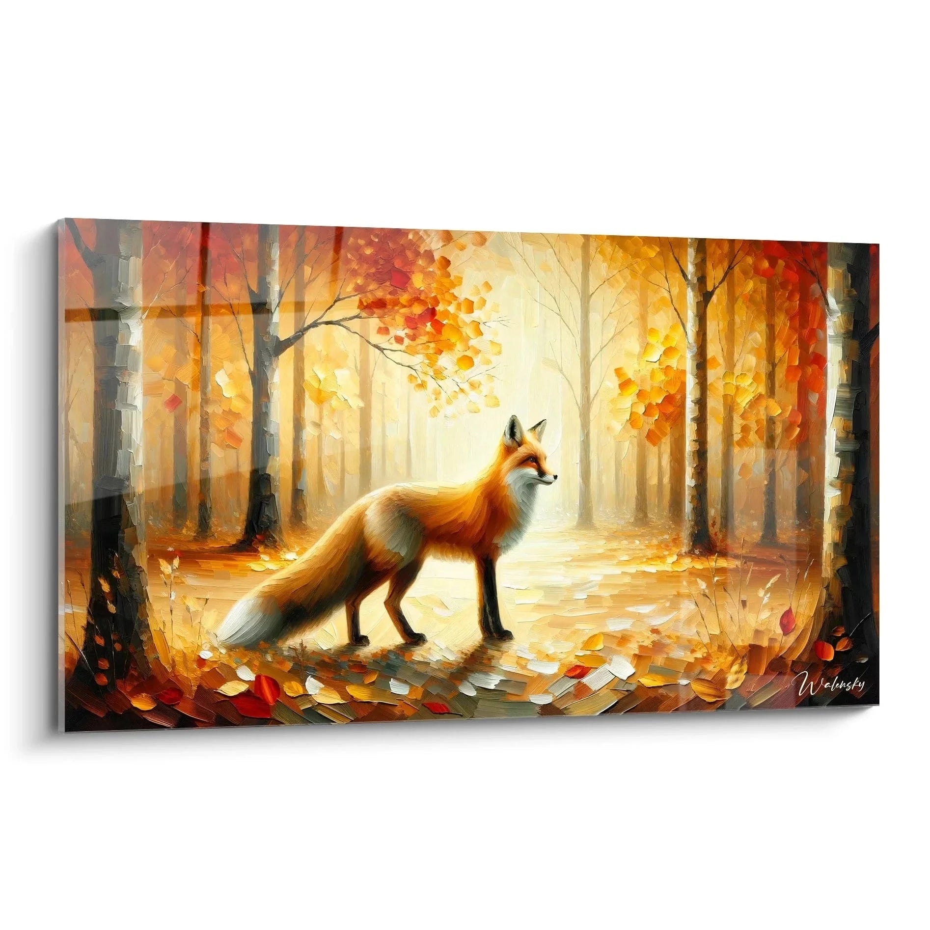 Wandbild Fuchs im Herbstwald mit goldenem Licht und fallenden Blättern - Edition Fuchs Kunstdruck