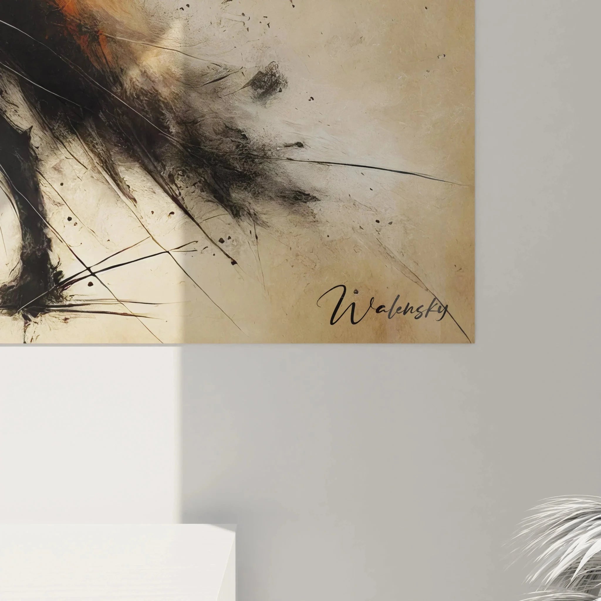 Komplettansicht modernes Fuchs Leinwandbild - dynamische Wandkunst in warmem Farbspektrum