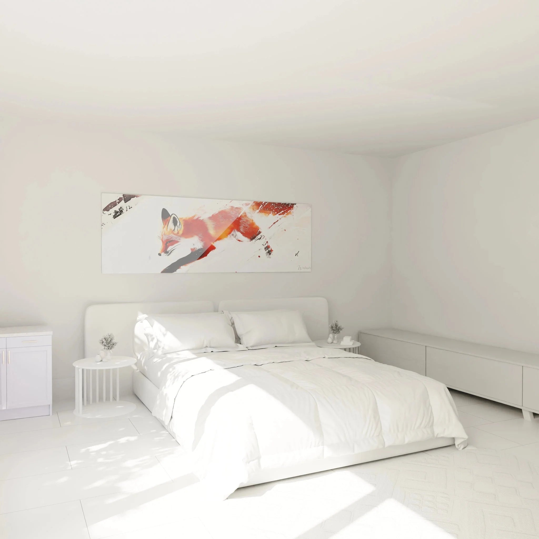 Wandbild Fuchs Herbstfeuer über dem Bett im modernen Schlafzimmer als stilvolle Wanddekoration