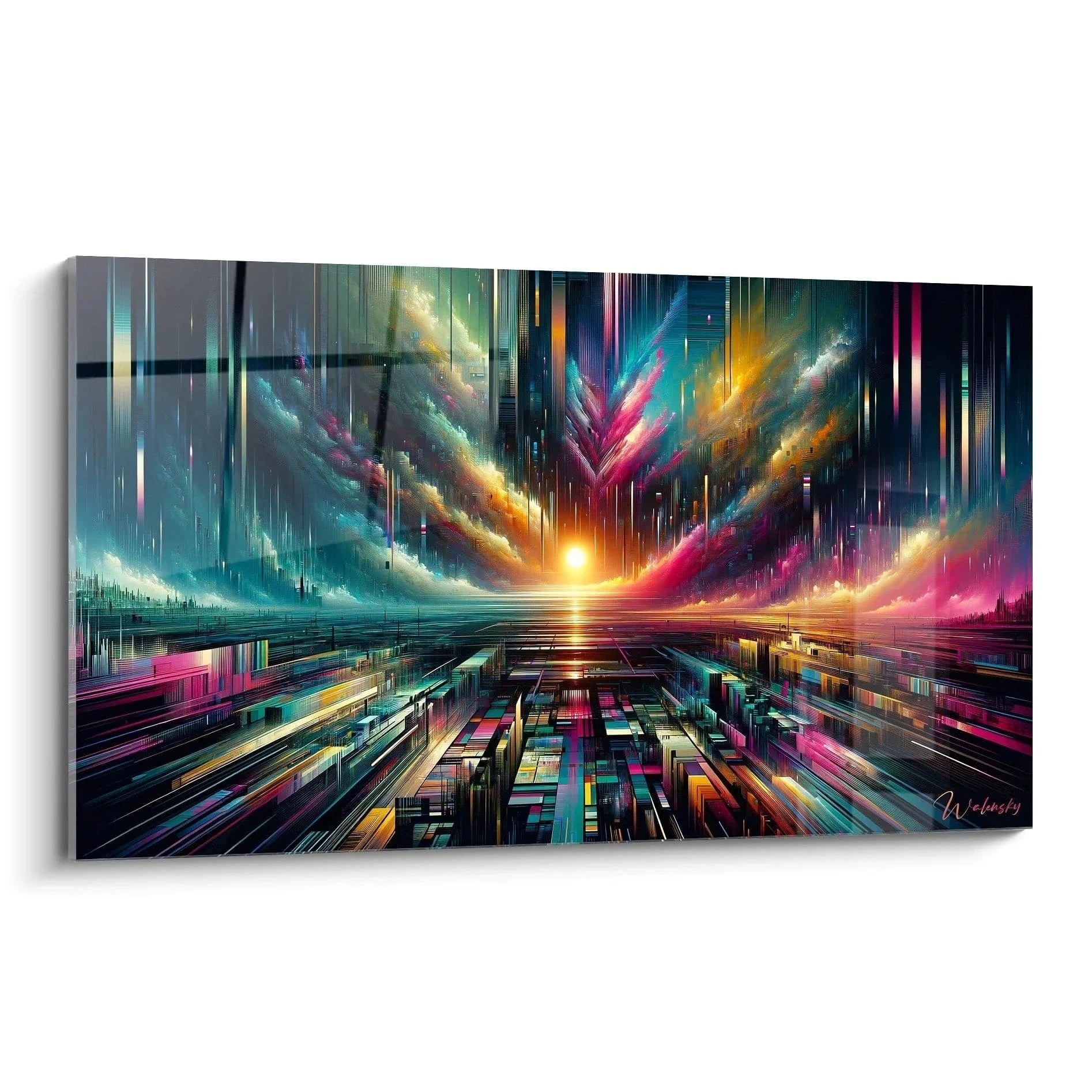 Wandbild futuristische digitale Skyline mit Neonfarben und prismatischen Lichteffekten abstrakte zeitgenössische Malerei
