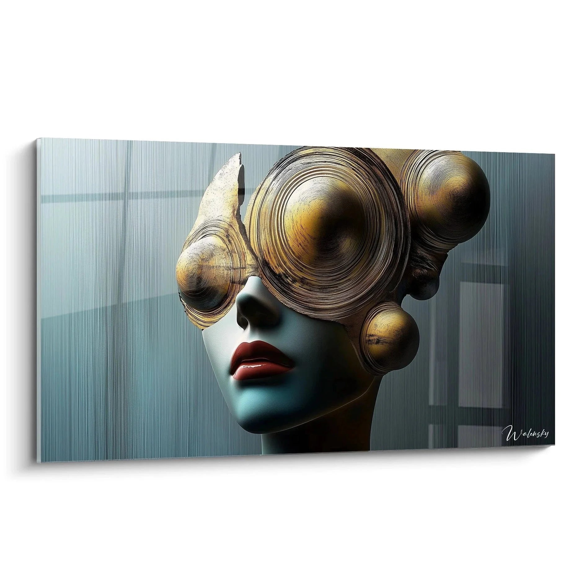 Wandbild futuristische Frau mit goldenen Spiralhaaren und Cyberpunk Design - Edition Abstrakter Futurismus