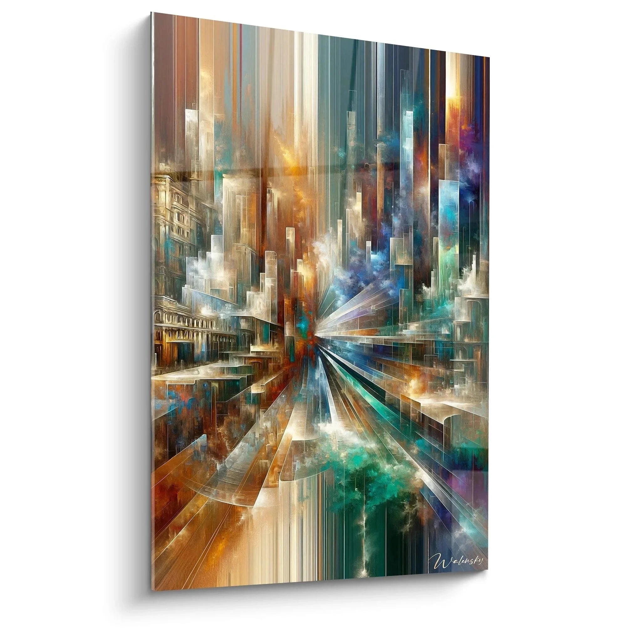 Wandbild futuristische Stadtlandschaft geometrisch abstrakt mit radialer Perspektive in Blau Orange Gold