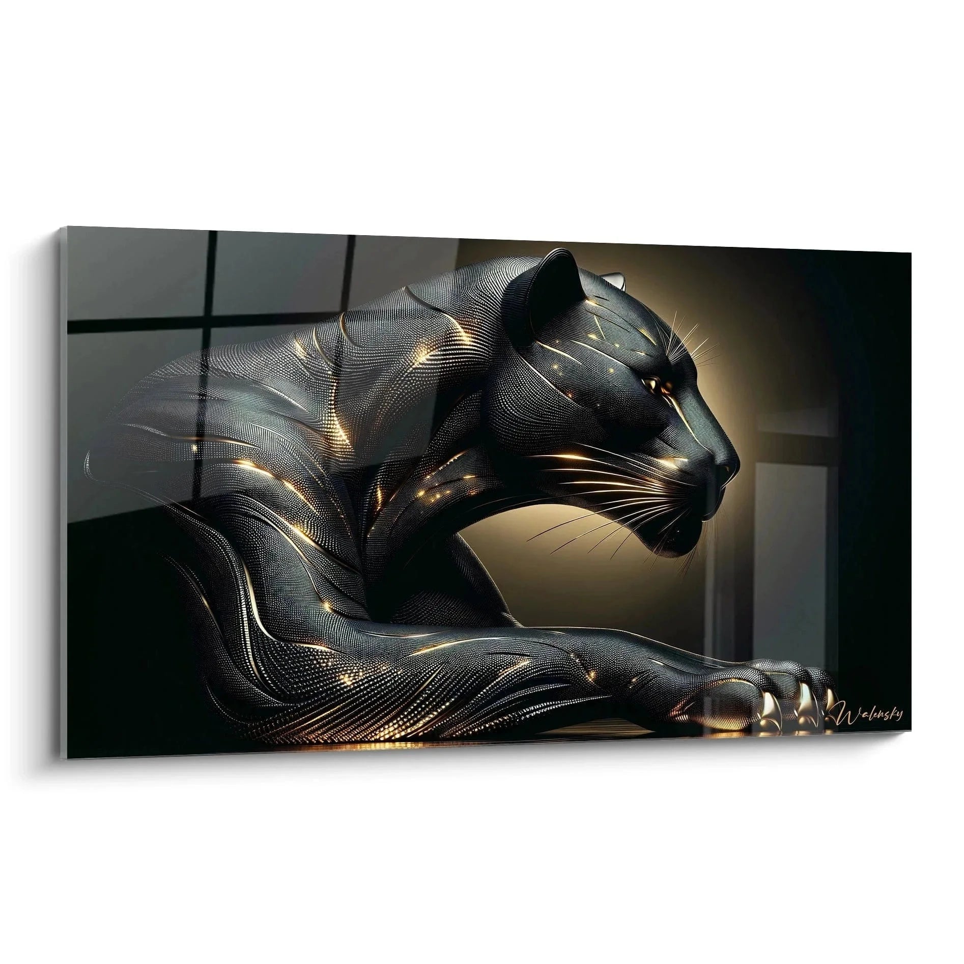Wandbild futuristischer Panther mit metallischem Cyber-Design und goldenen Akzenten - Edition Schwarzer Panther