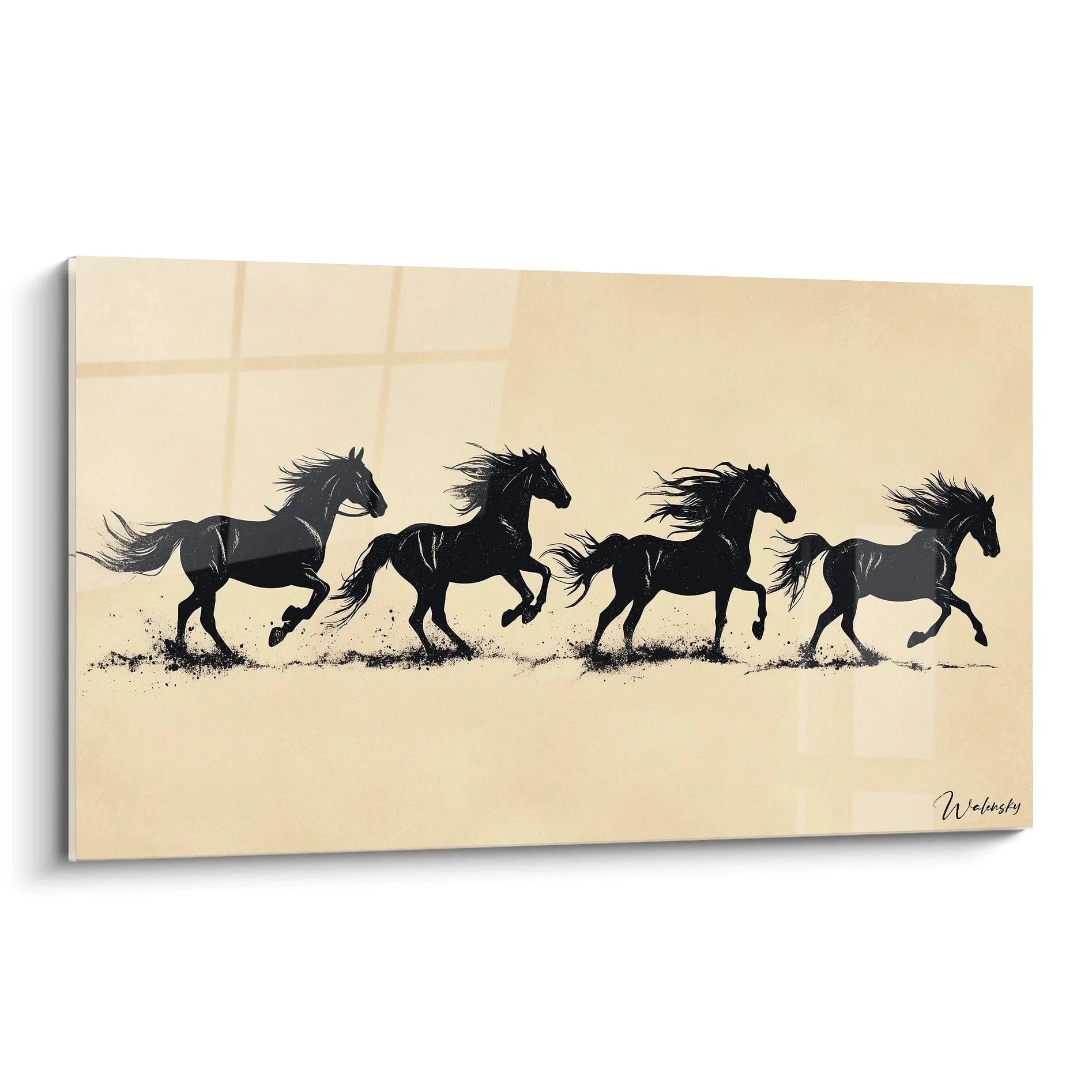 Wandbild galoppierende Pferde schwarz auf cremefarbenem Hintergrund im Géricault Stil