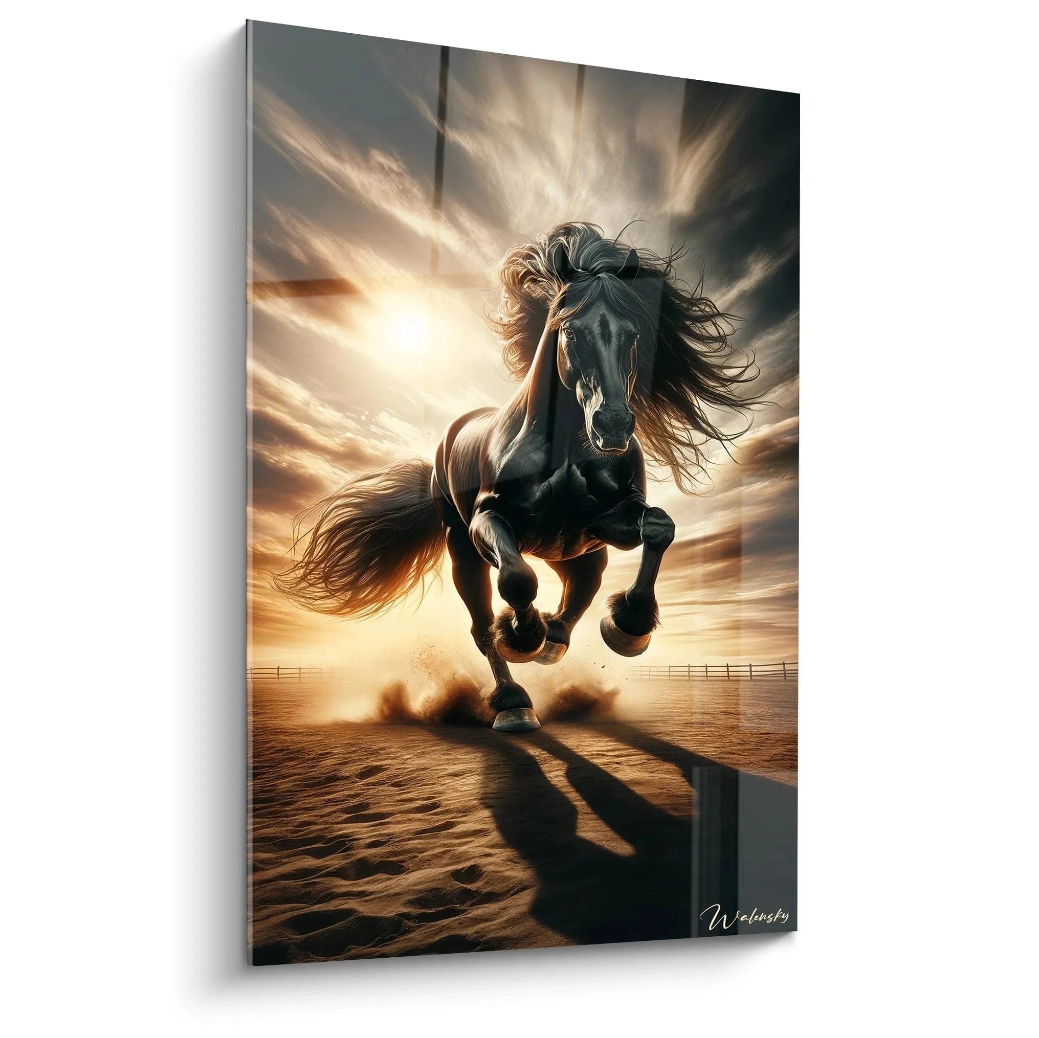 Wandbild galoppierendes schwarzes Pferd bei goldenem Sonnenuntergang mit wehender Mähne