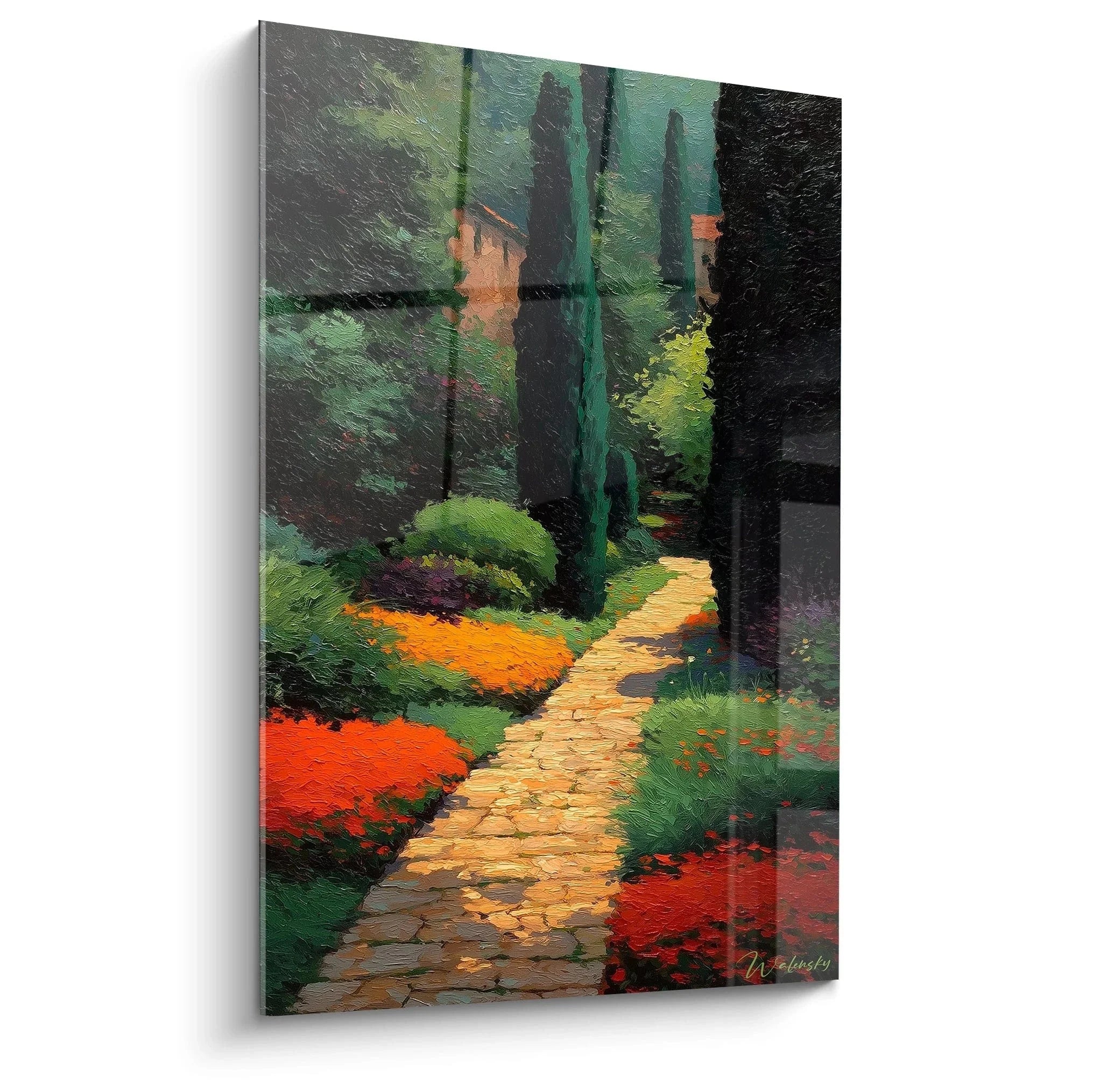 Wandbild Gartenpfad Pointillismus - impressionistische Parkszene mit Steinweg und Blumen