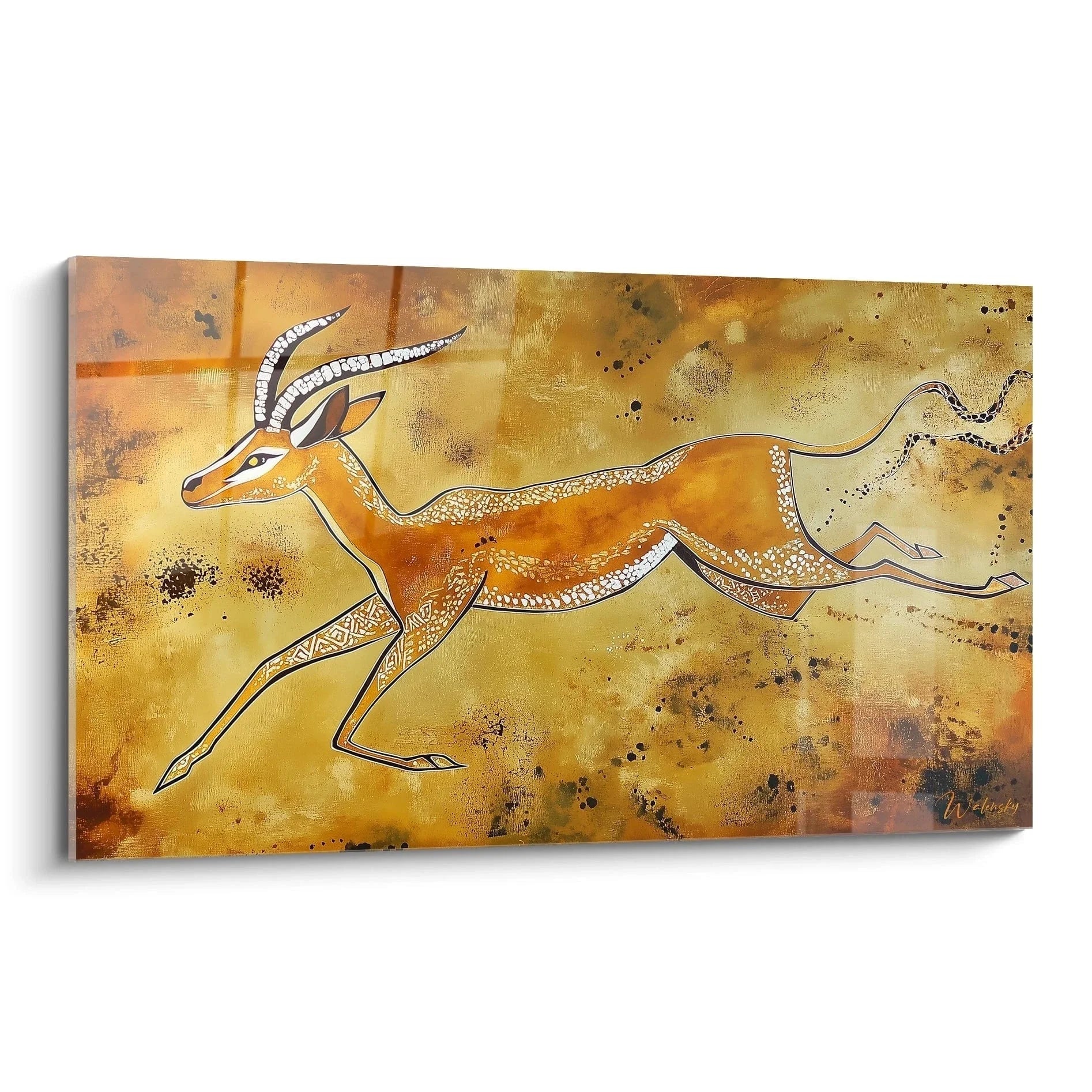 Wandbild Gazelle afrikanisch - Antilope Kunstdruck mit geometrischen Mustern in warmen Goldtönen