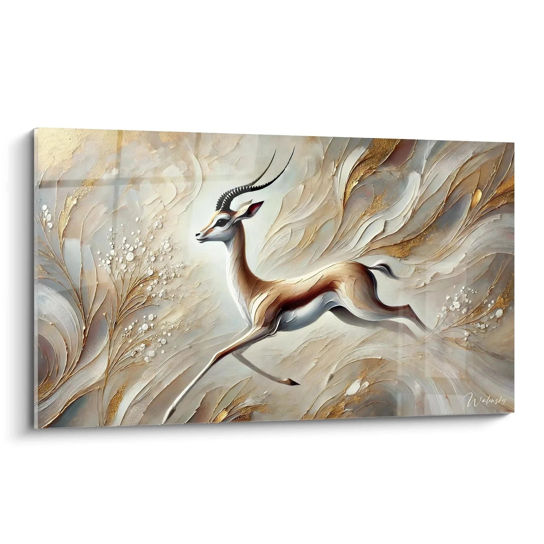 Wandbild Gazelle im eleganten Sprung mit goldenen Akzenten - Moderne Leinwandkunst für stilvolle Wanddekoration