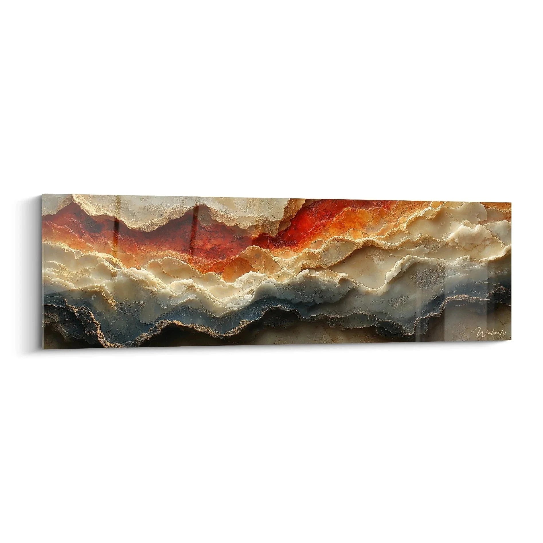 Wandbild abstrakte Gebirgslandschaft mit Steinschichten in Rot Orange Grau Panoramaformat moderne Wanddekoration