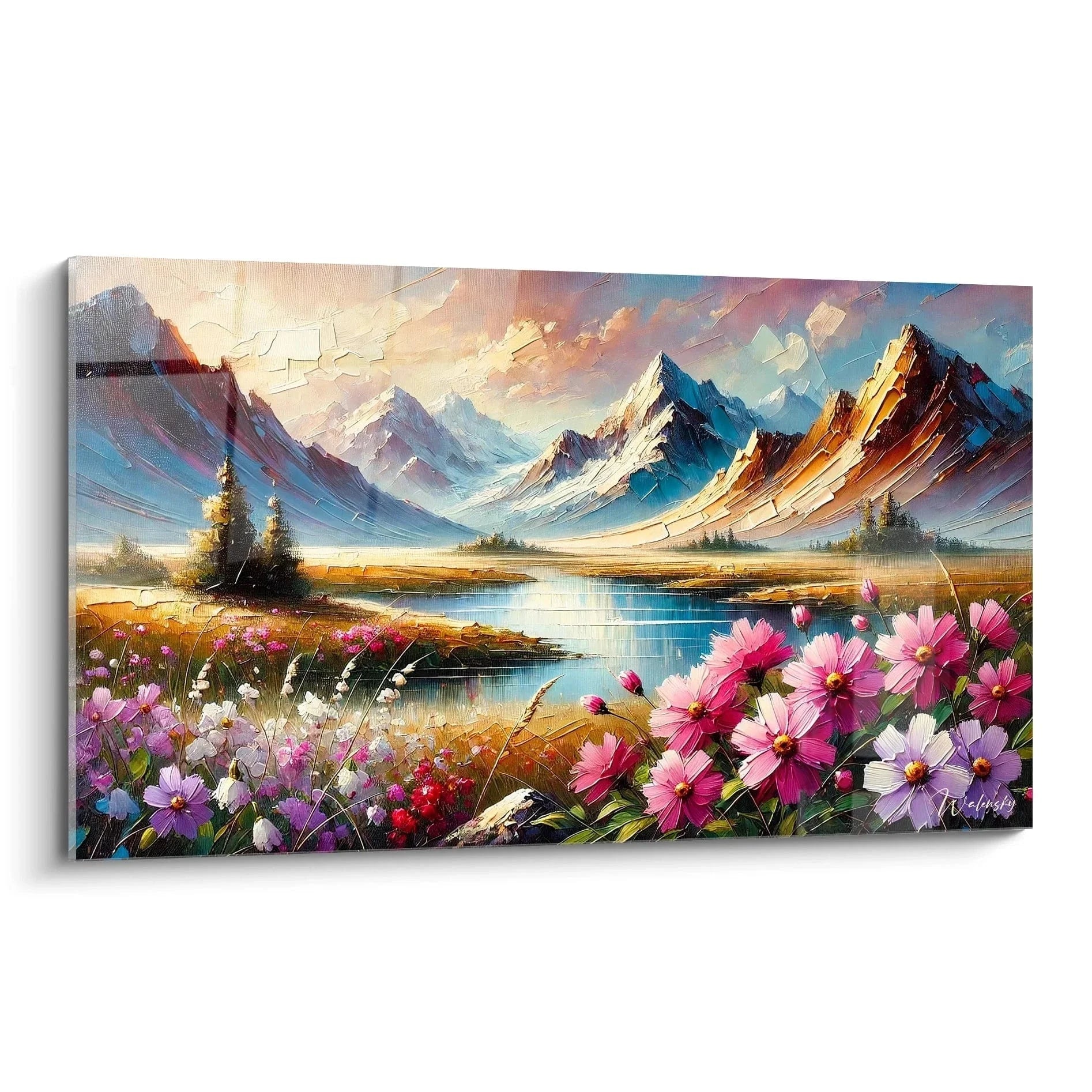 Wandbild Gebirgslandschaft mit bunter Blumenwiese und Bergsee, Alpenpanorama Sonnenuntergang Edition Berg