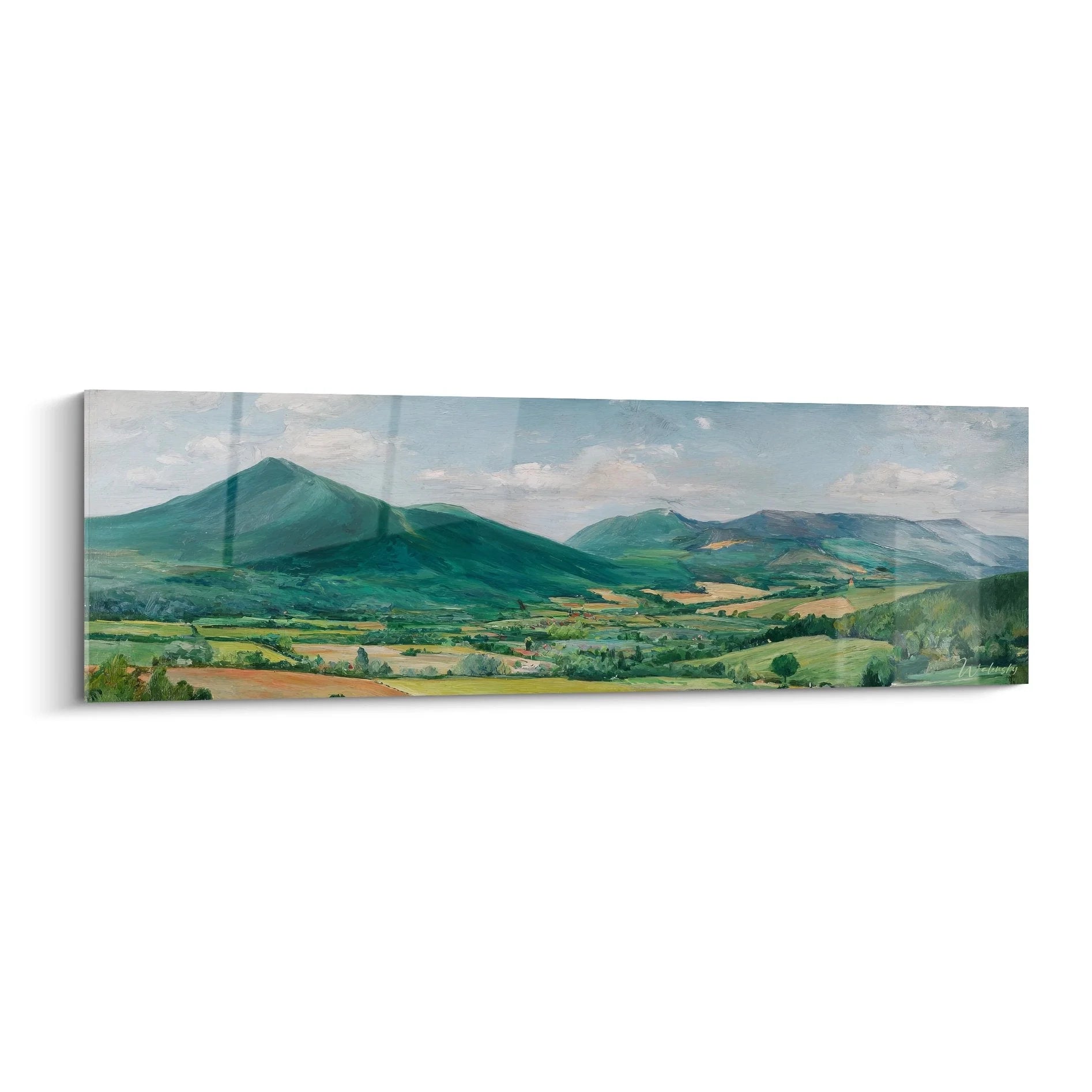 Wandbild Gebirgslandschaft mit grünen Bergen und Tälern - Premium Kunstdruck für Wohnräume