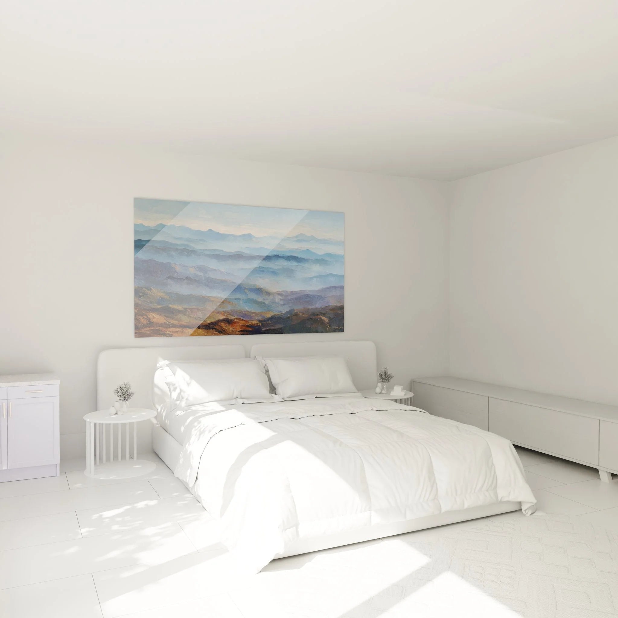 Wandbild Gebirgslandschaft im Schlafzimmer - Beruhigende Bergpanorama Wanddekoration mit Morgennebel
