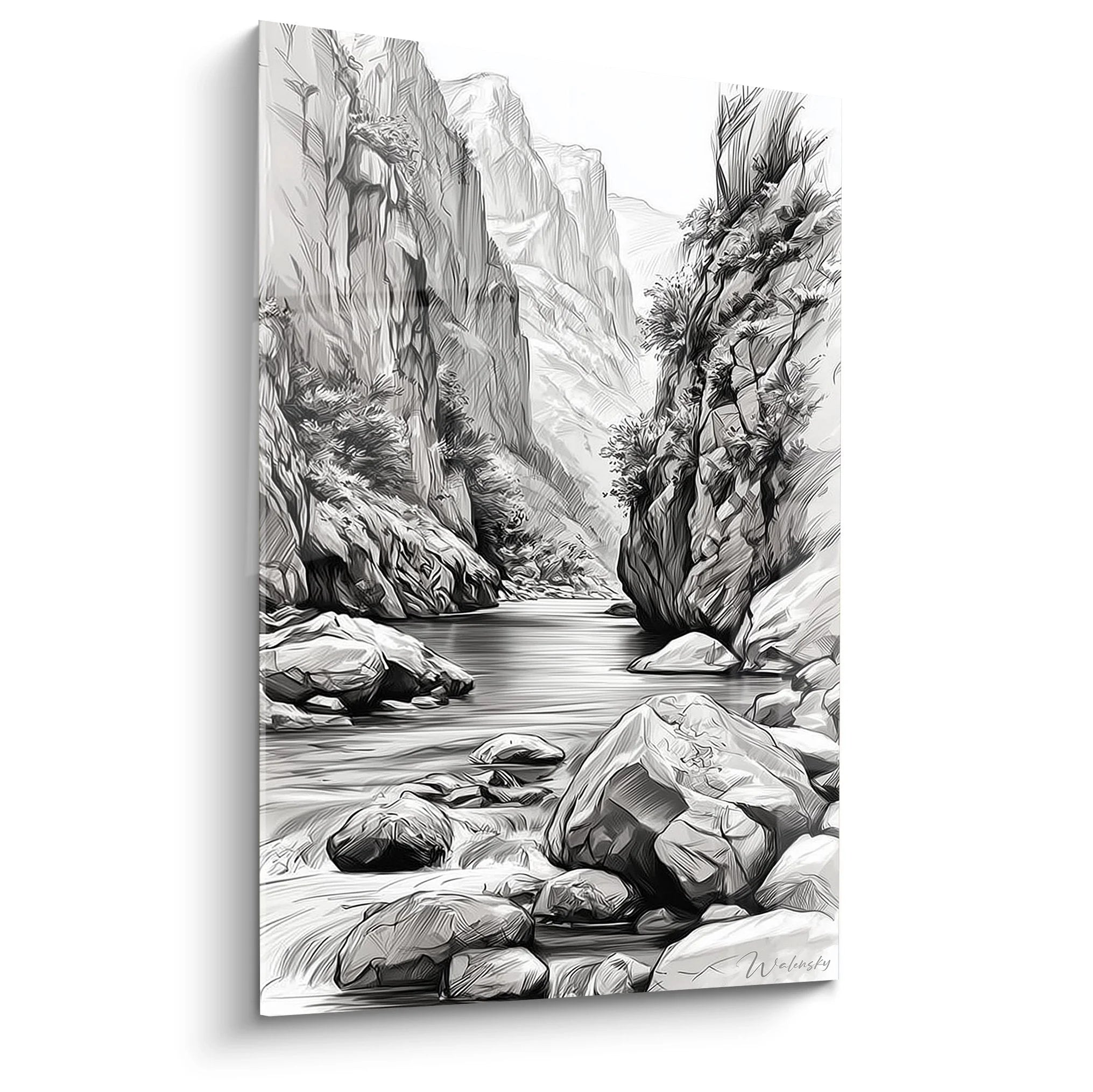Wandbild Gebirgsschlucht mit dramatischen Felsen und Gebirgsbach in Schwarzweiß Canyon Landschaft