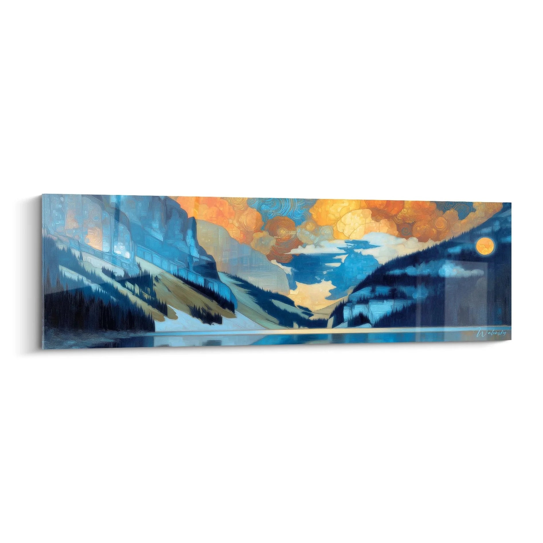 Wandbild Gebirgssee mit dramatischem orange-goldenem Himmel und Bergpanorama, mystische Landschaft