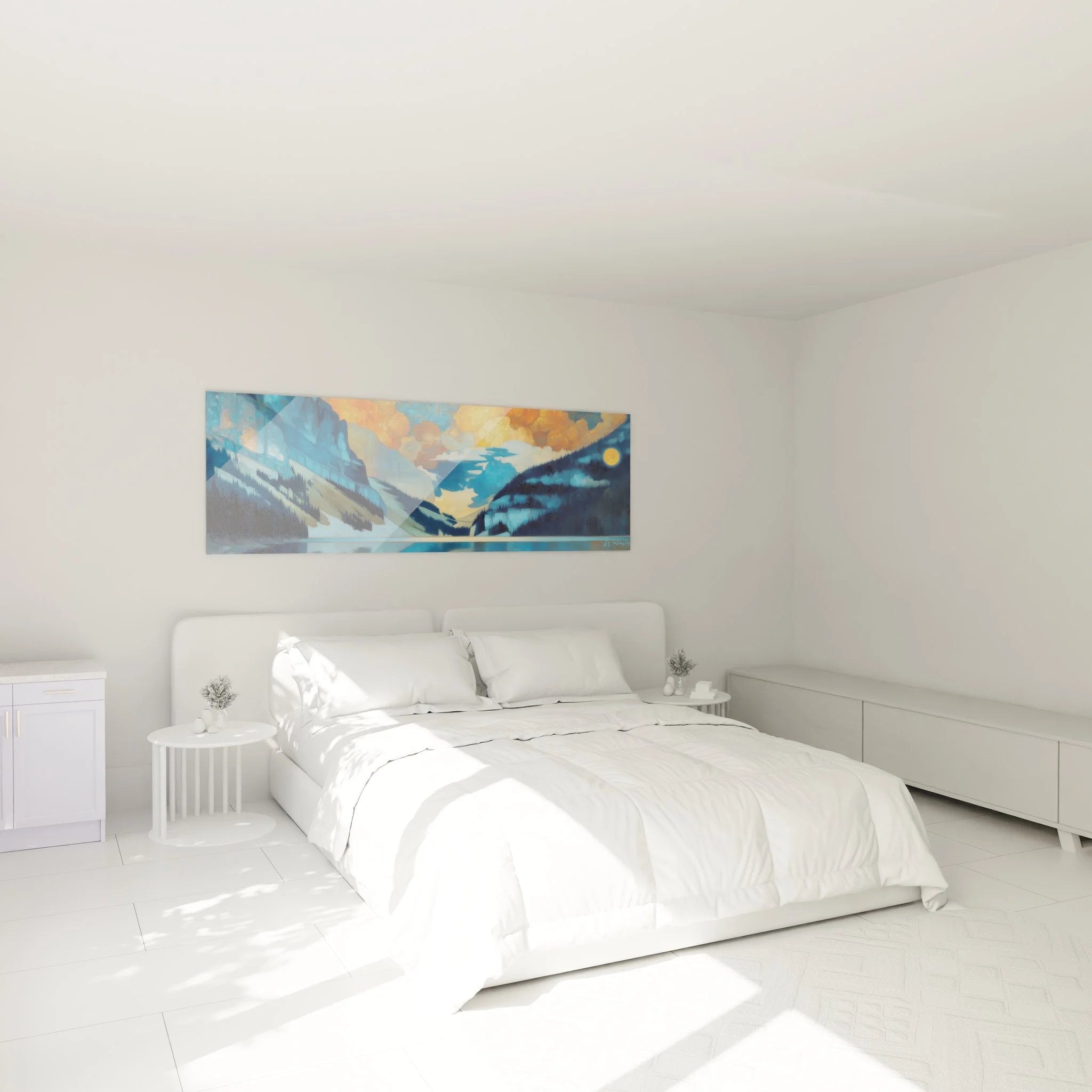 Wandbild Gebirgssee im Schlafzimmer, alpine Berglandschaft mit warmem Himmel als Wanddekoration