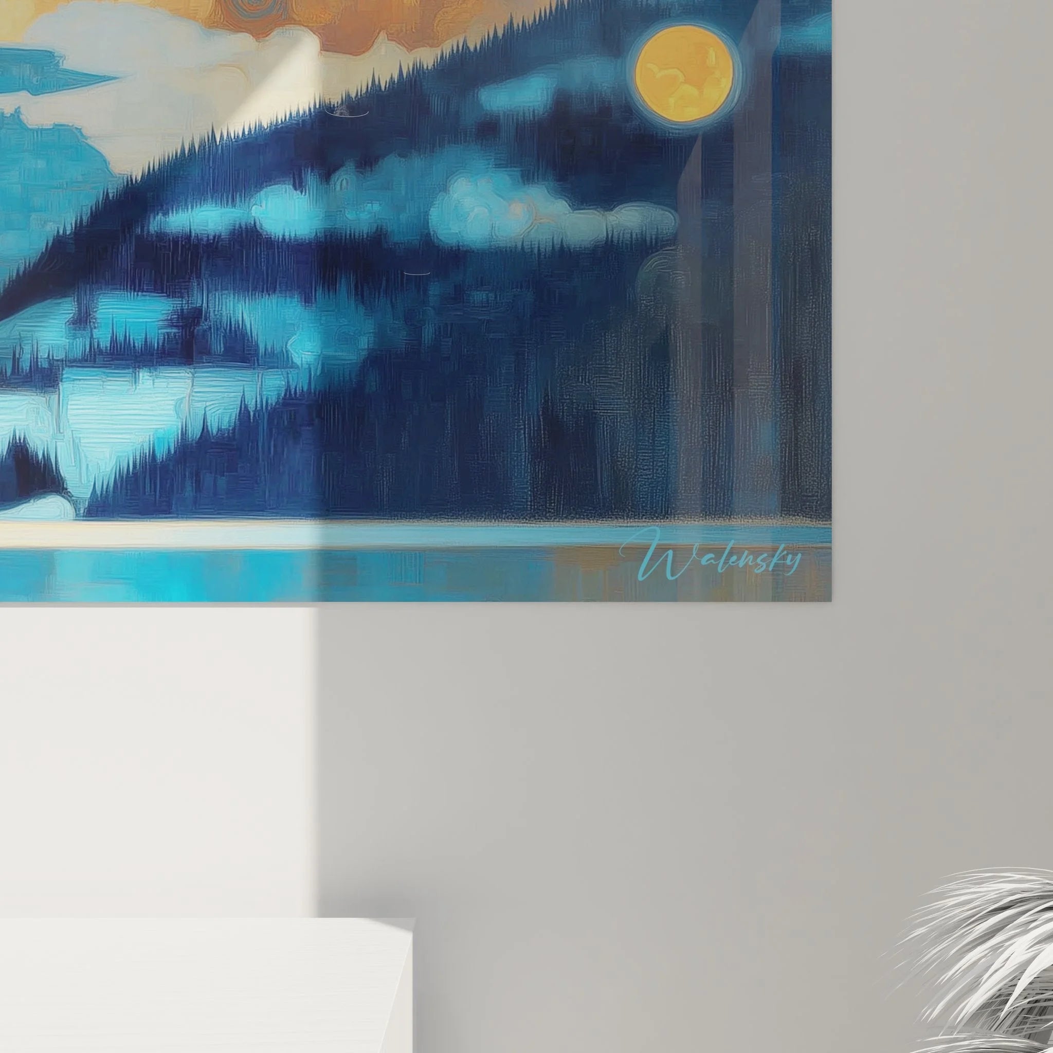 Gesamtansicht Wandbild Gebirgssee XXL, komplette Berglandschaft mit goldenem Himmel und stillem See