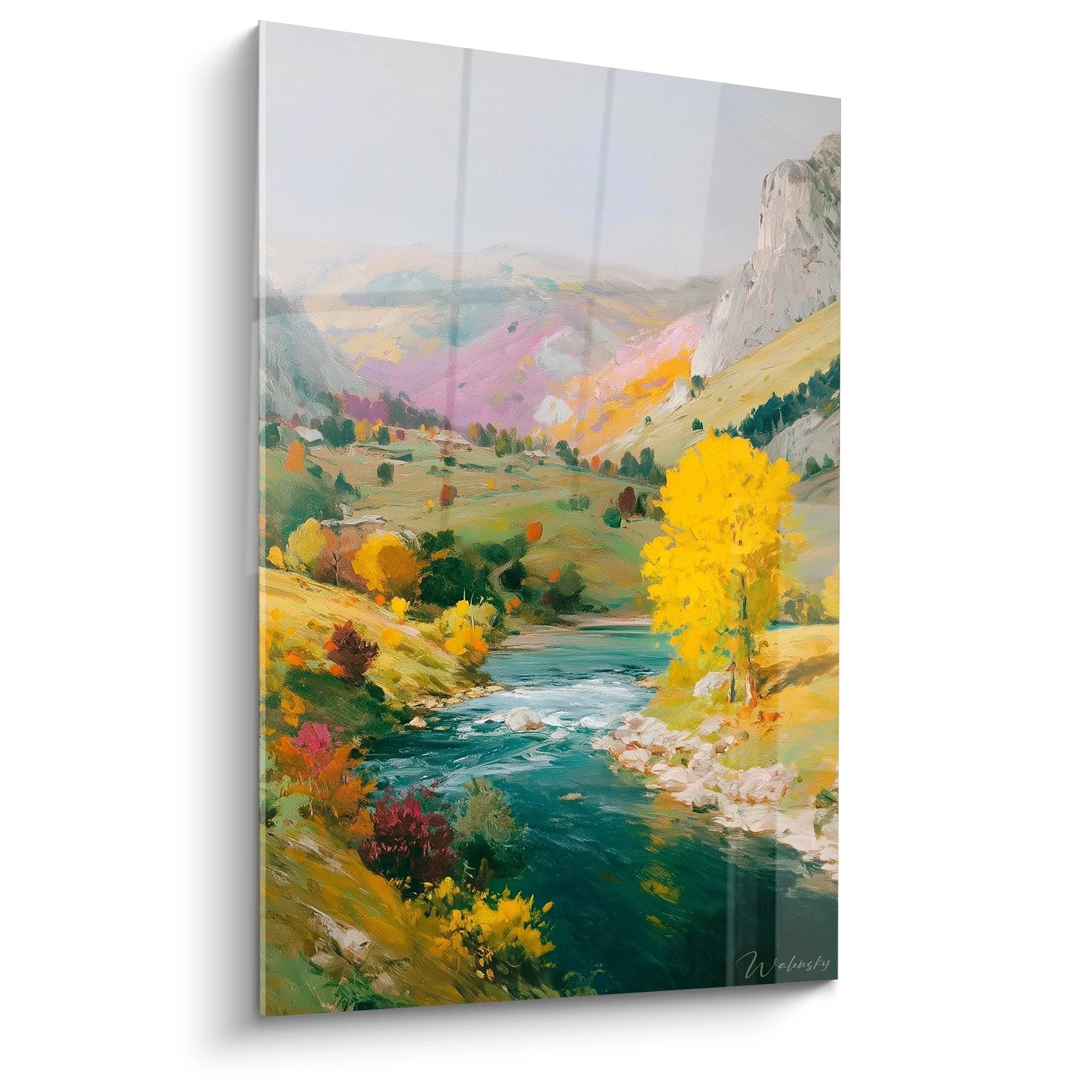 Wandbild Gebirgstal Herbst mit türkisblauem Fluss durch malerische Schluchtlandschaft