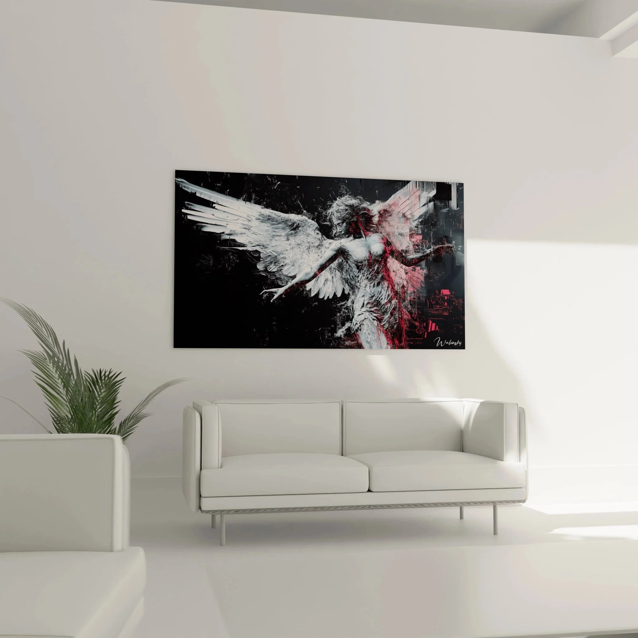 Detailansicht Wandbild gefallener Engel, zerbrochene Flügel und dramatische Farbgebung Nahaufnahme