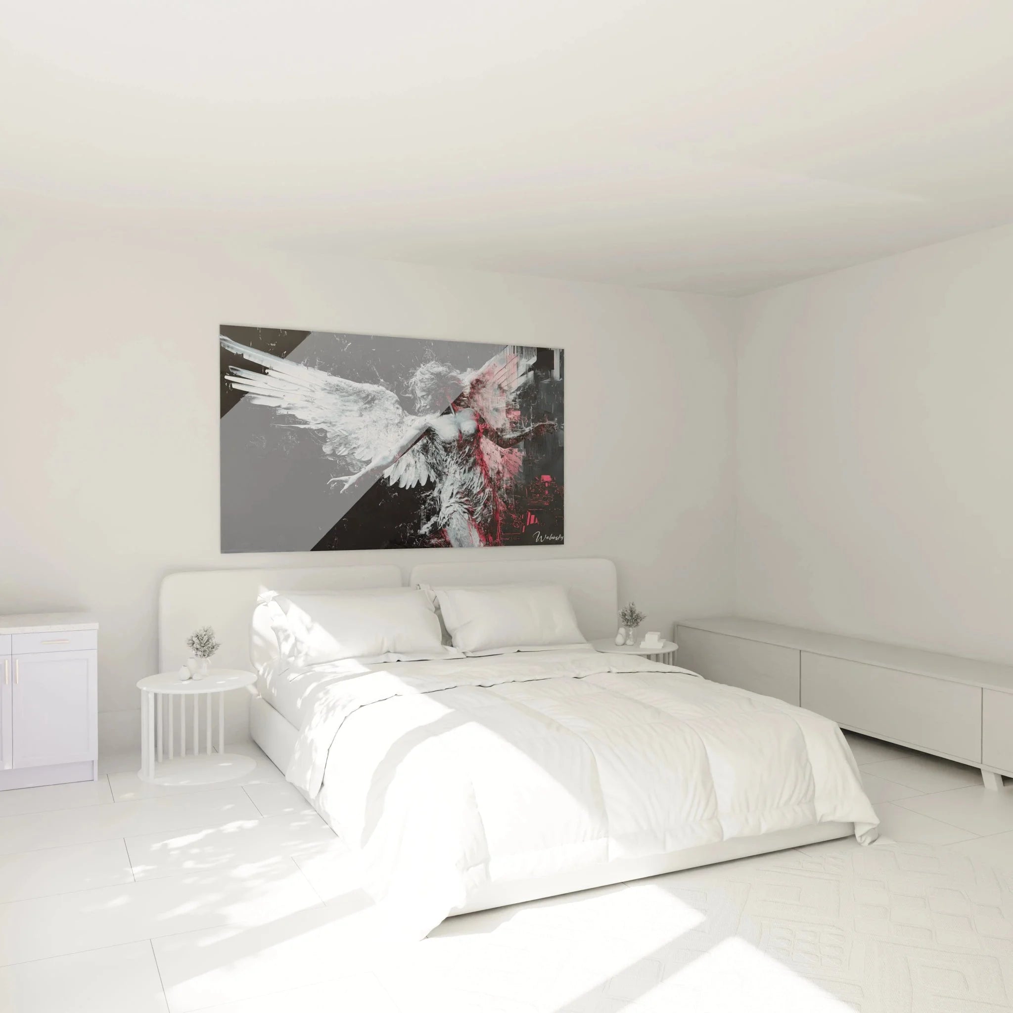 Gefallener Engel Wandbild in modernem Schlafzimmer, dramatische Wanddekoration Bruegel Stil