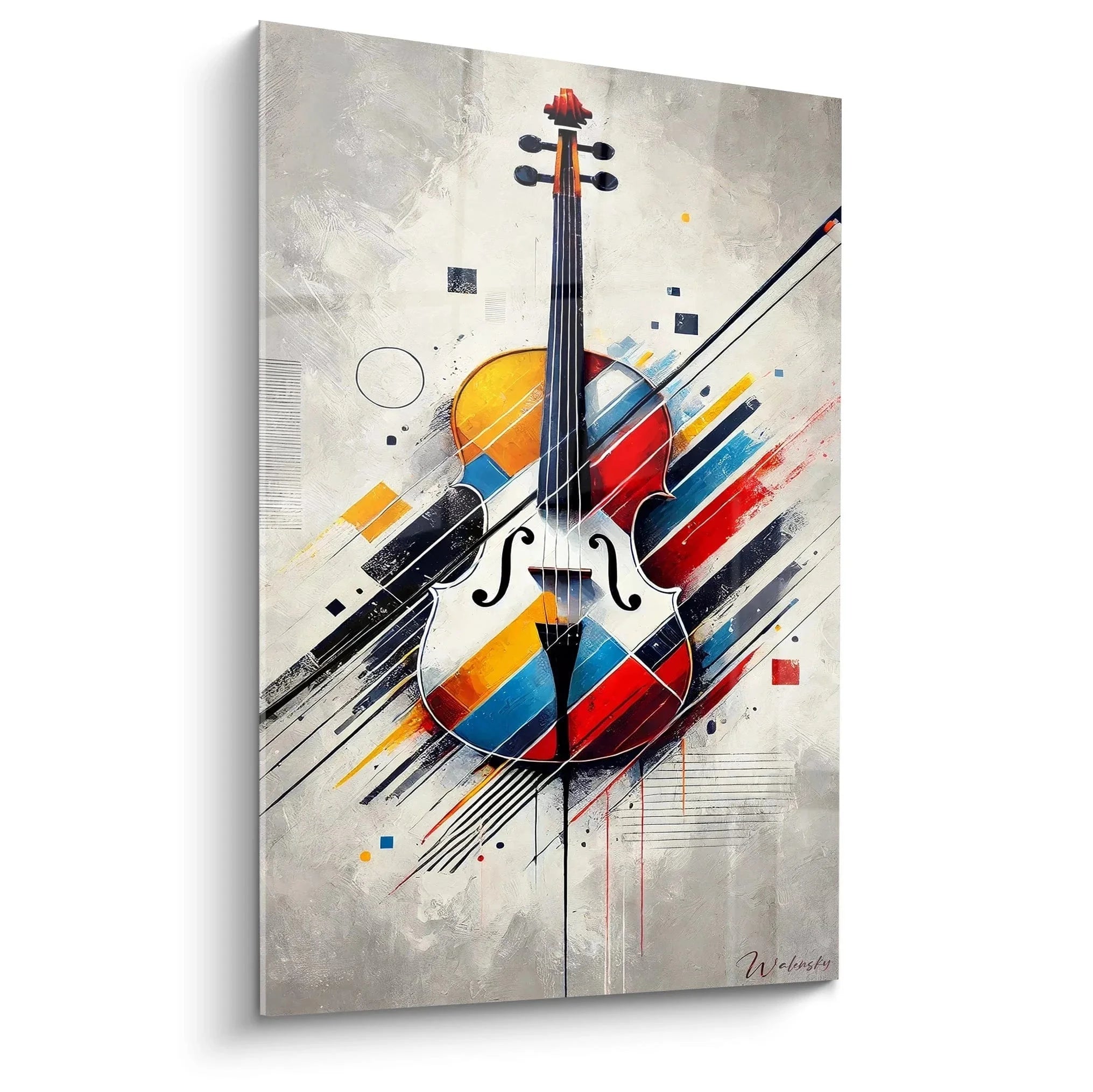 Abstraktes Wandbild Geige mit bunten geometrischen Elementen und modernem Design für Musikliebhaber