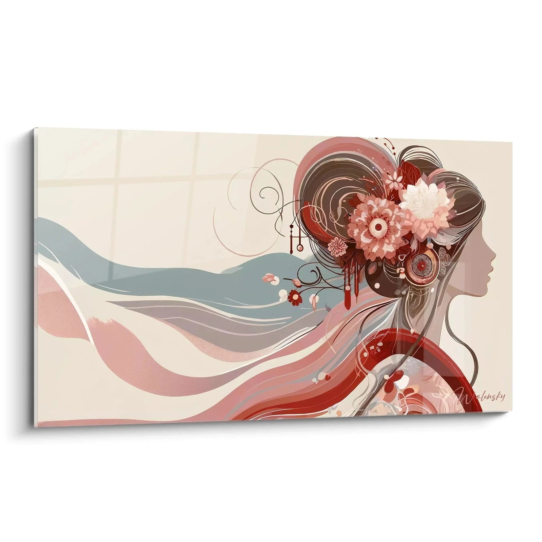 Wandbild Geisha mit Blütenschmuck in Rosa und Beige Tönen - Edition Japanisch Kunstdruck für Wohnzimmer