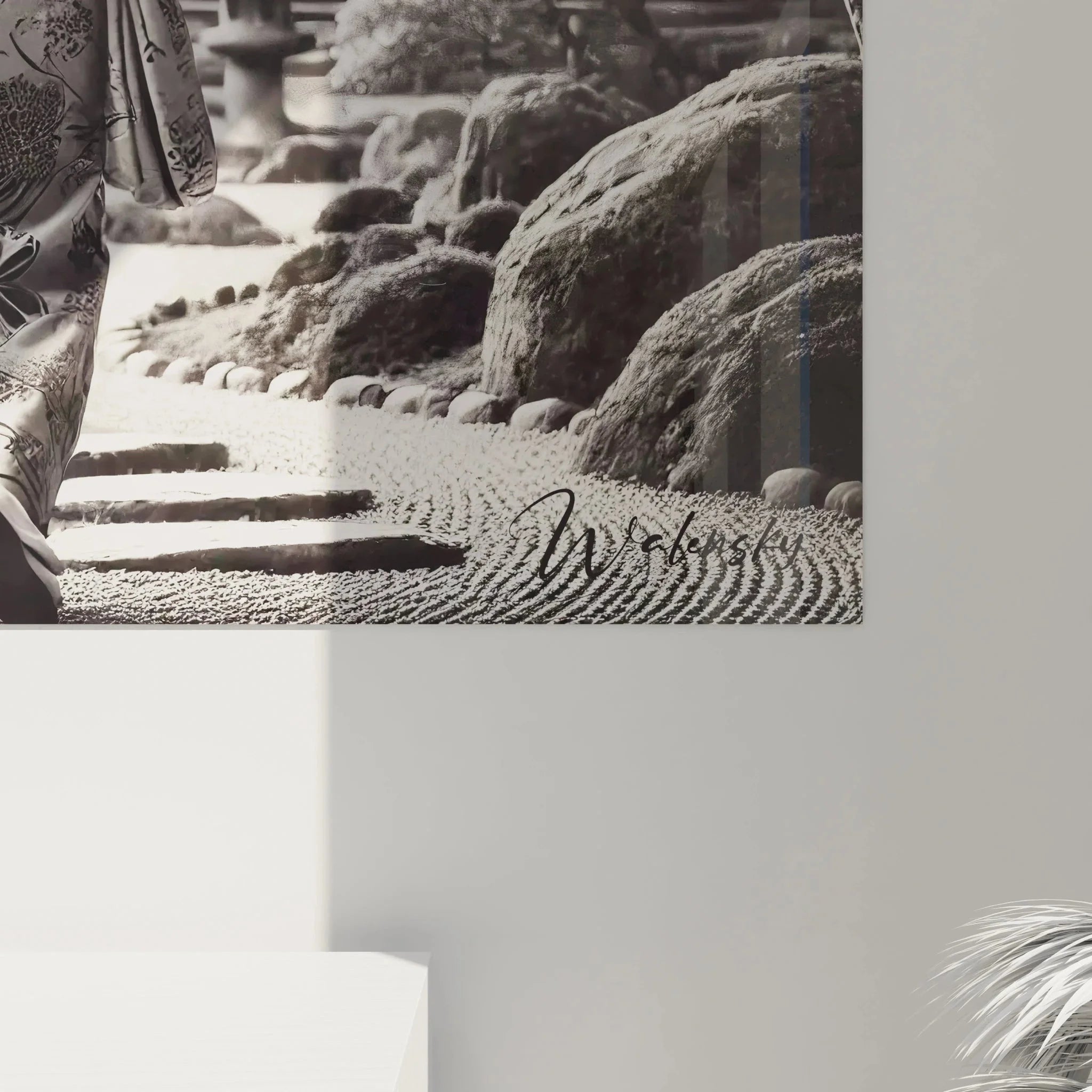 Gesamtansicht Wandbild Geisha Japangarten - schwarz-weiß Panorama mit Pagoden und Steinlaternen