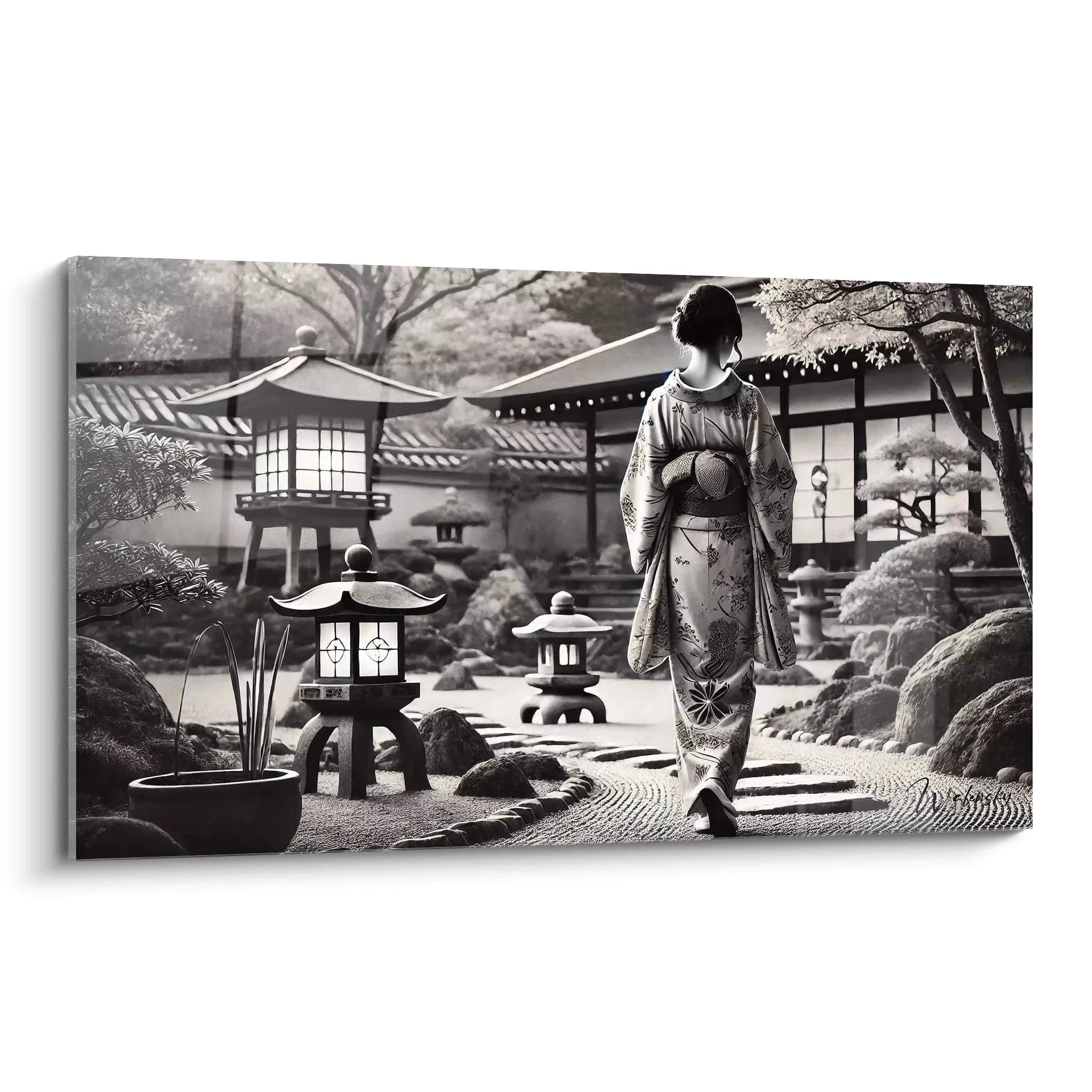 Wandbild Geisha im Japangarten schwarz-weiß - elegante japanische Dame in traditionellem Kimono