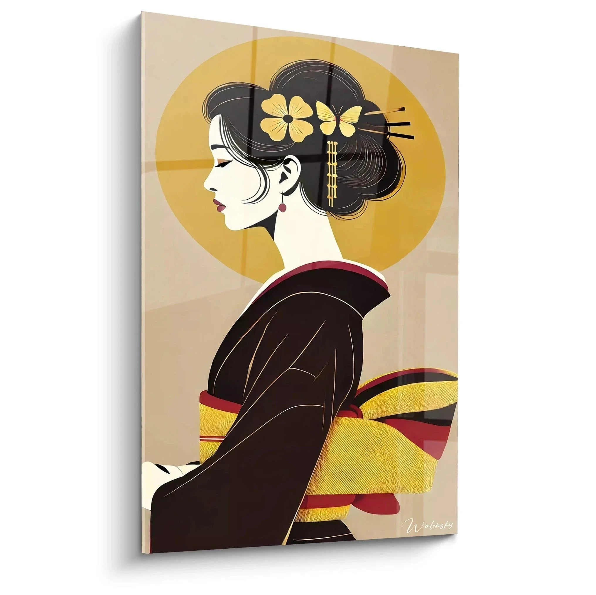 Wandbild Geisha mit traditionellem Kimono und goldenen Blüten im Haar, japanische Wandkunst