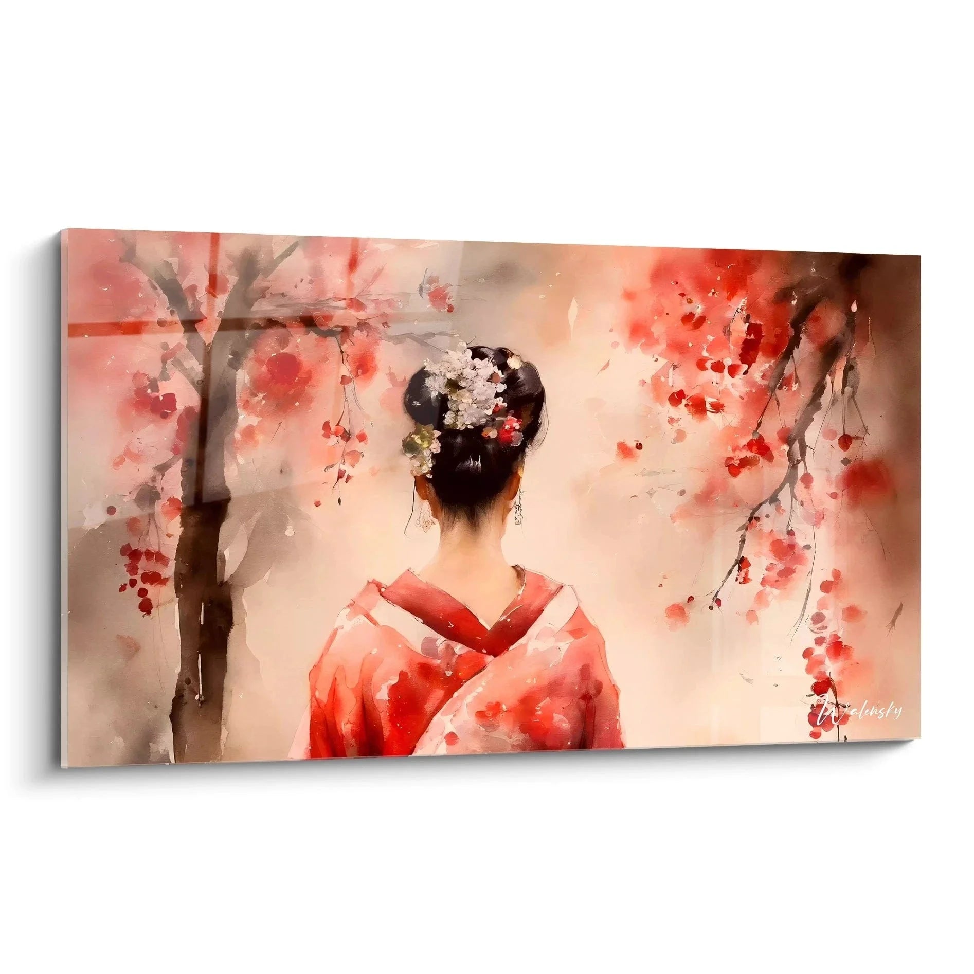Wandbild Geisha mit Kirschblüten im Aquarell-Stil - Japanische Kunst in Rottönen