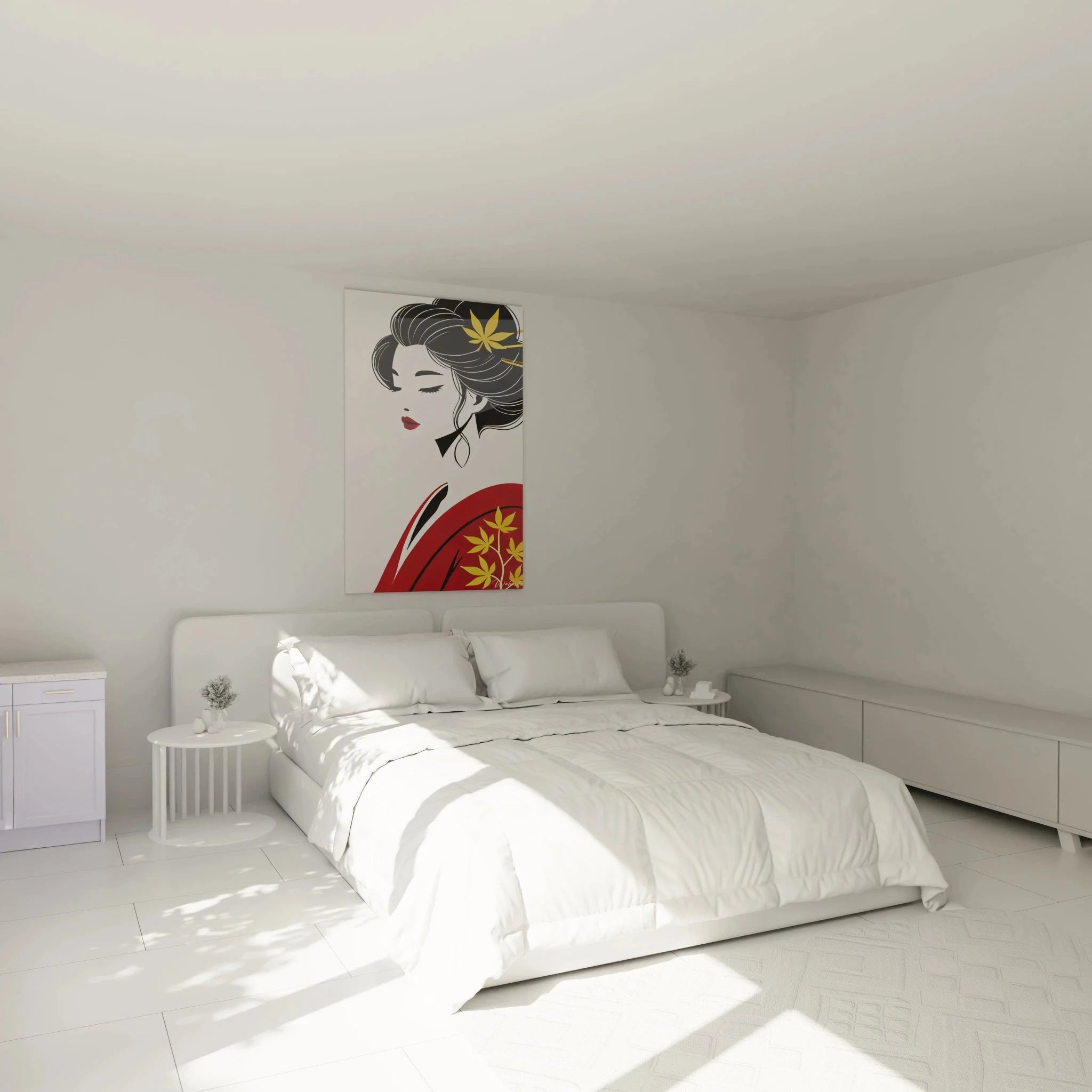 Wandbild Geisha traditionell in modernem Schlafzimmer als stilvolle asiatische Wanddekoration angebracht