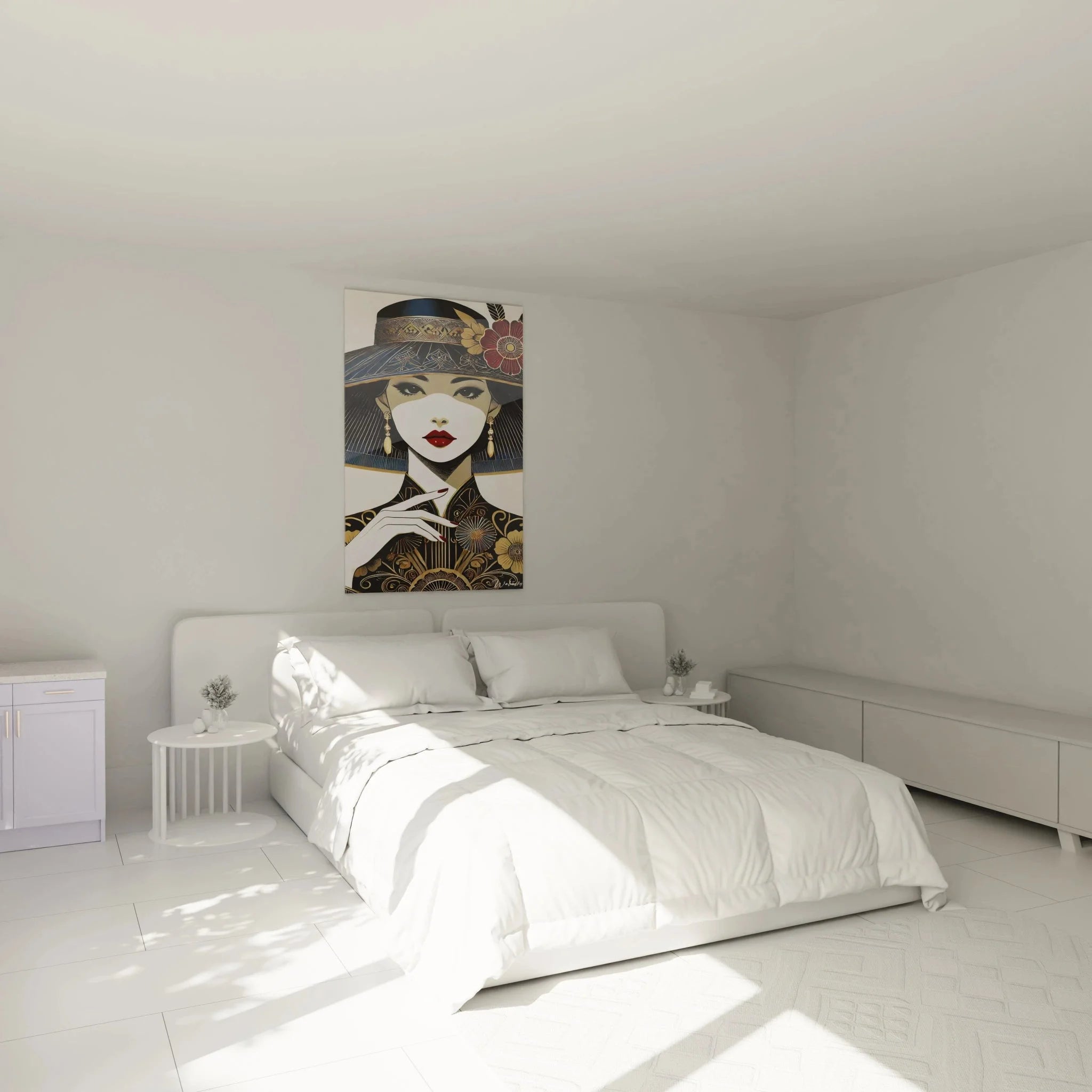 Elegantes Geisha Wandbild XXL im Schlafzimmer - chinesische Wanddekoration mit Hutmotiv