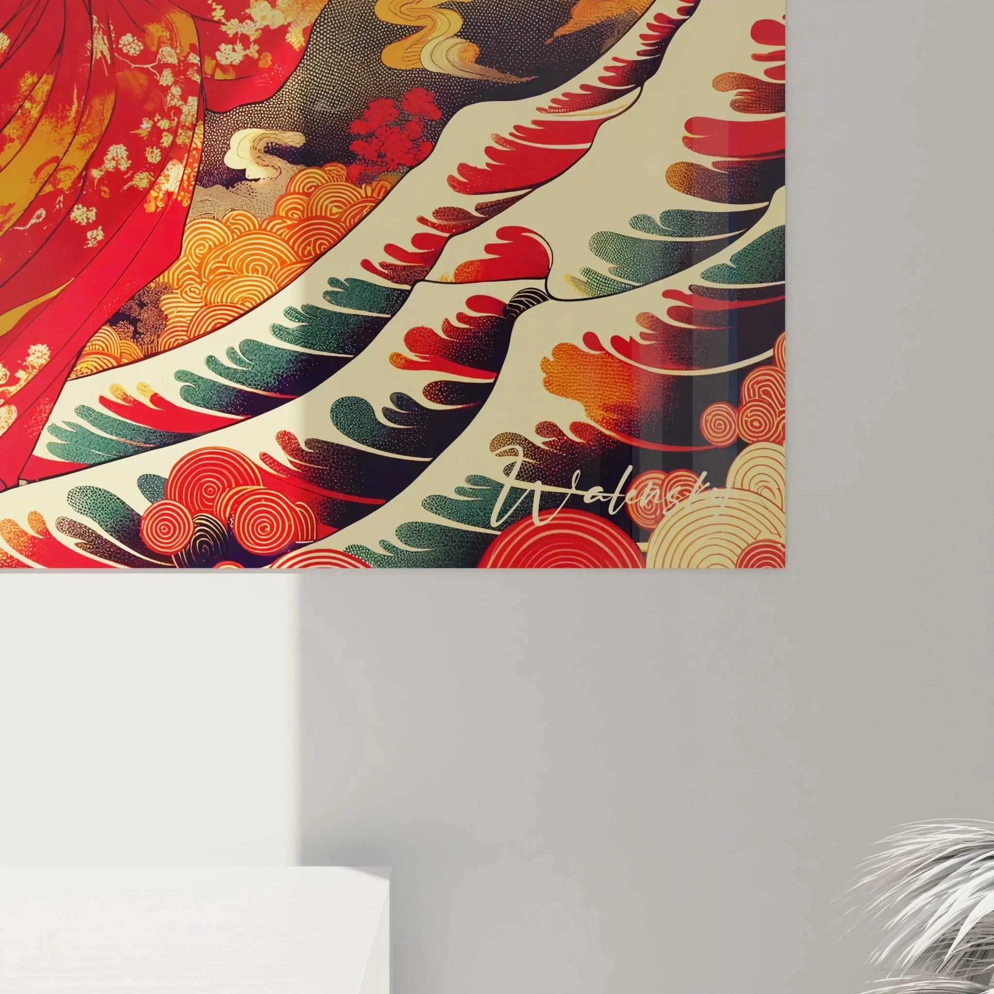 Gesamtansicht Wandbild Geisha Wellen traditionelle japanische Kunst für moderne Wandgestaltung