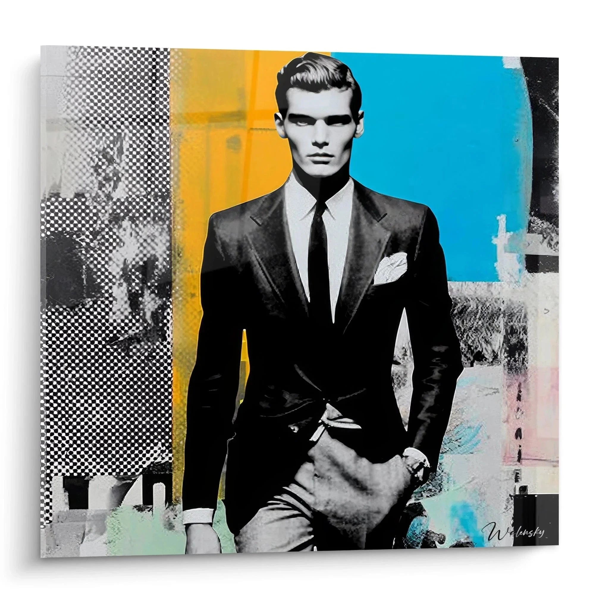 Wandbild Gentleman Pop Art - Eleganter Mann im Anzug mit Vintage Mode Design und Farbakzenten