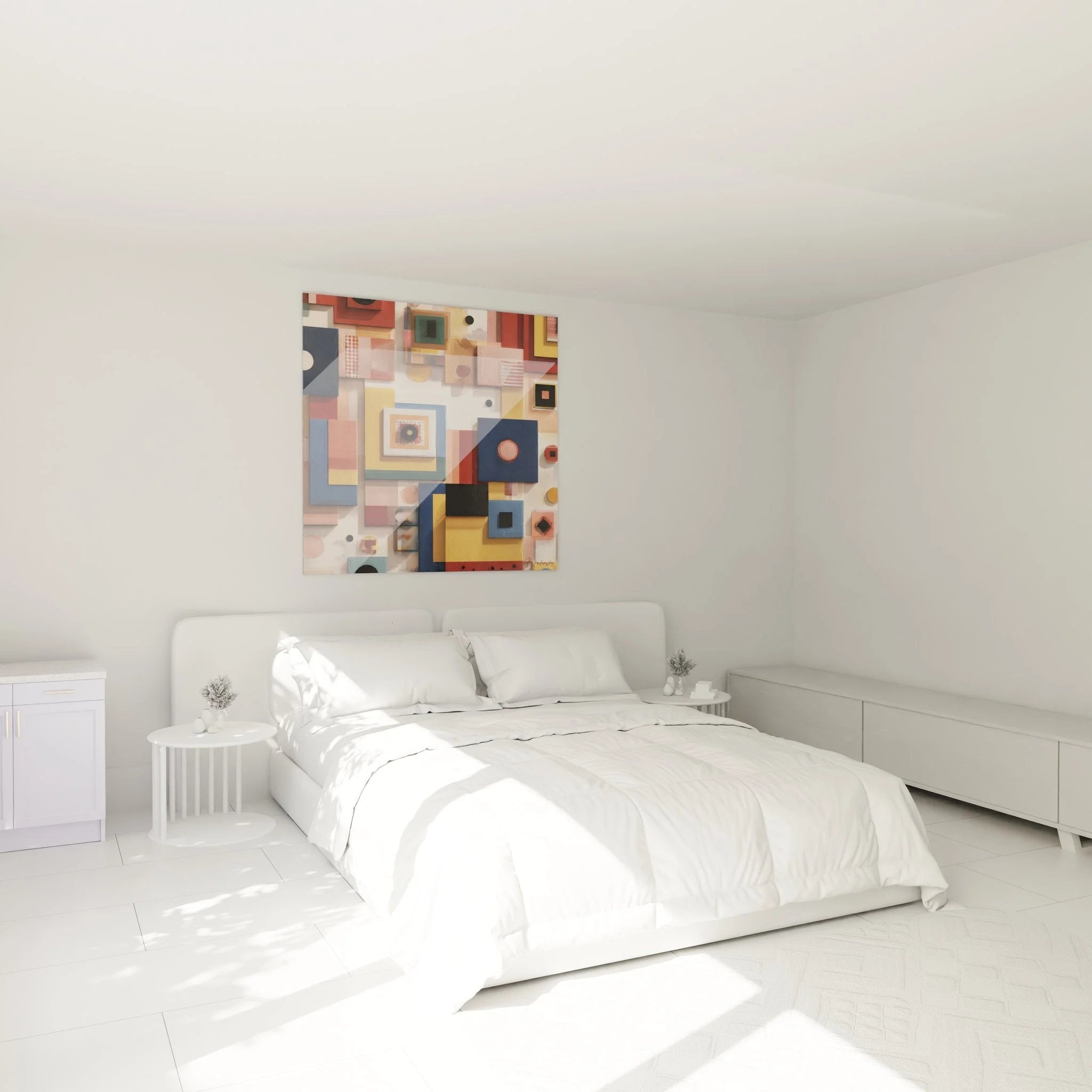 Modernes Wandbild geometrische Formen in Schlafzimmer Ambiente mit afrikanischen Farben und Mustern