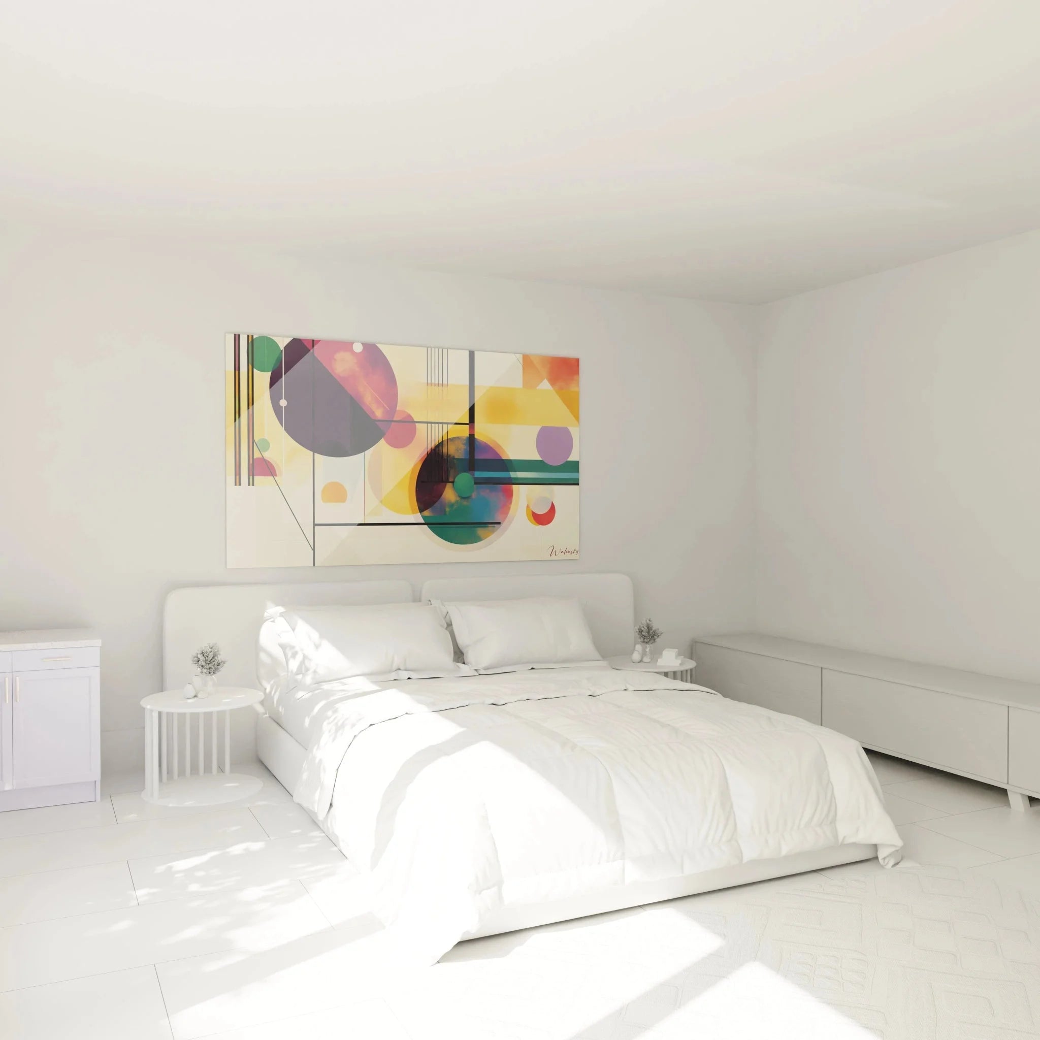 Wandbild abstrakte Geometrie im Schlafzimmer, harmonische Kreise Kandinsky Design