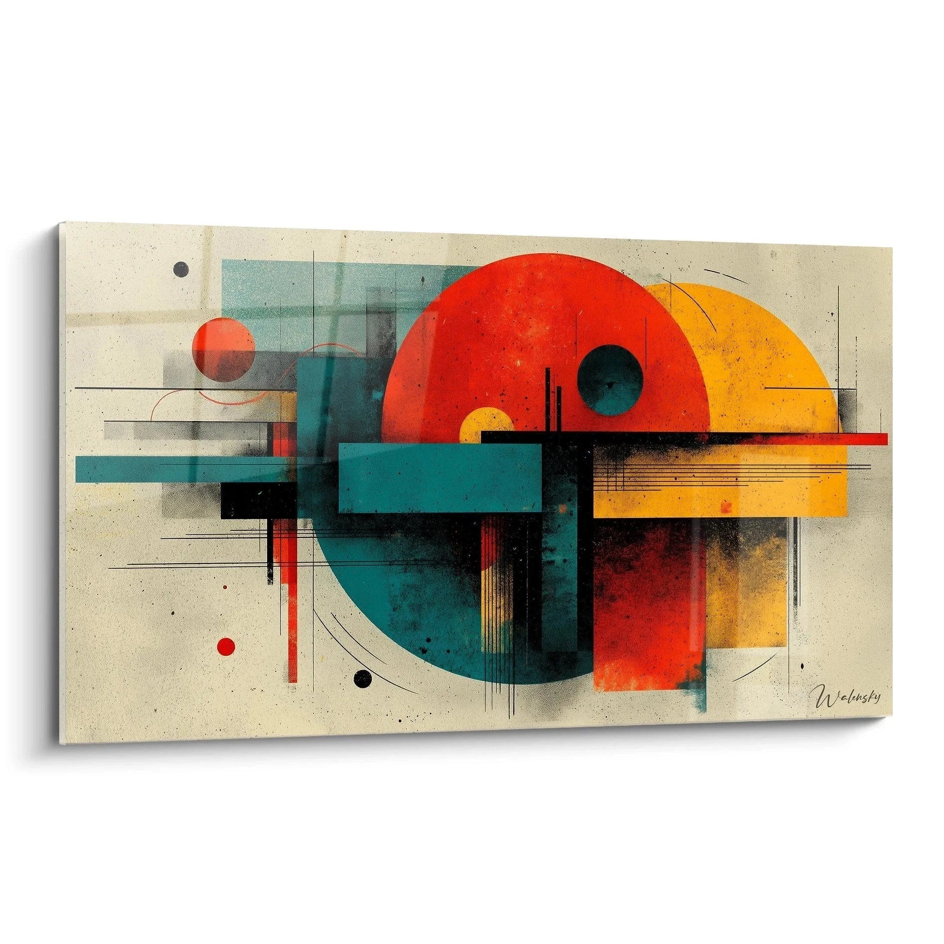 Wandbild geometrische Abstraktion im Bauhaus-Stil mit roten Halbkreisen und türkisen Rechtecken