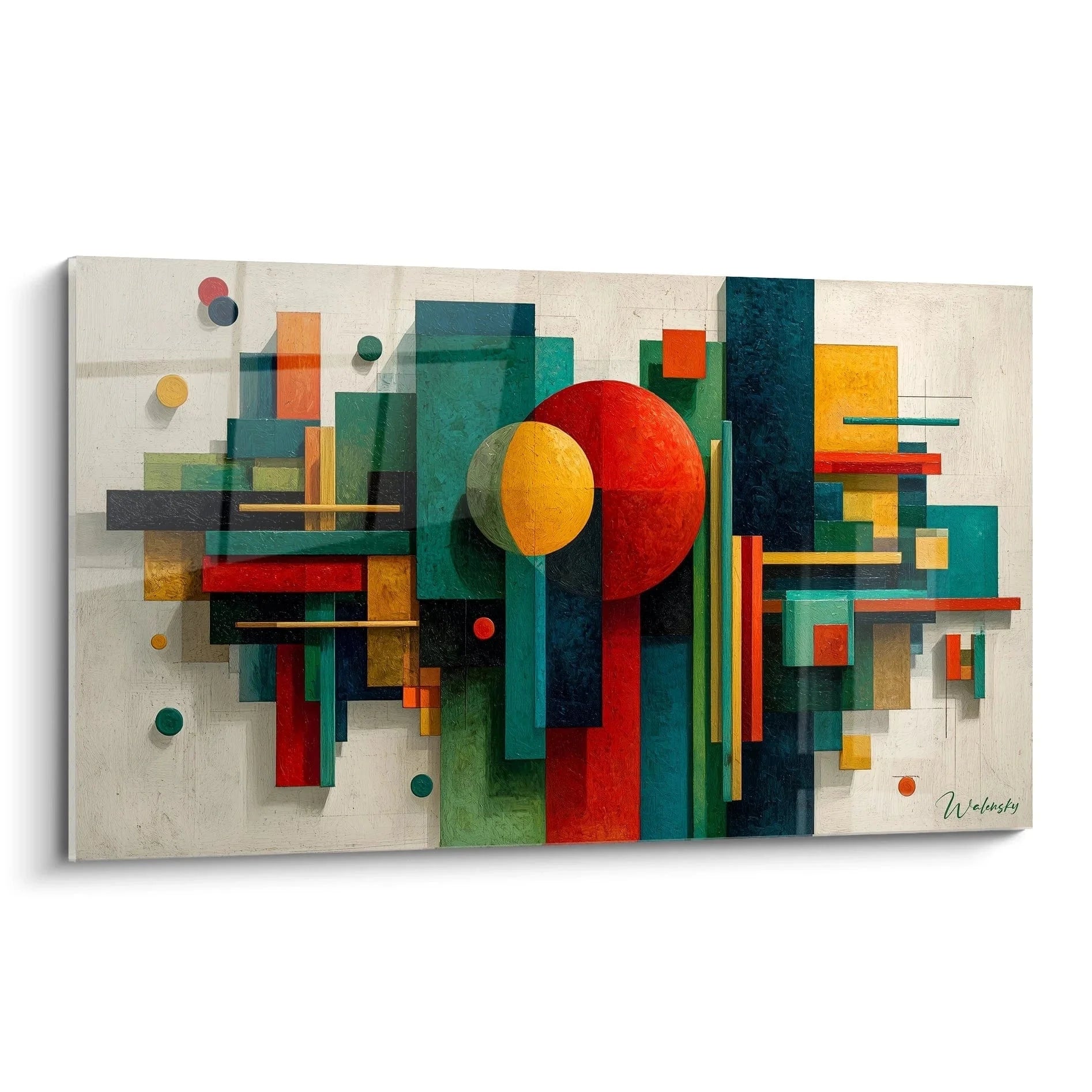 Wandbild geometrische Abstraktion Bauhaus Stil mit roten Kreisen und bunten geometrischen Formen